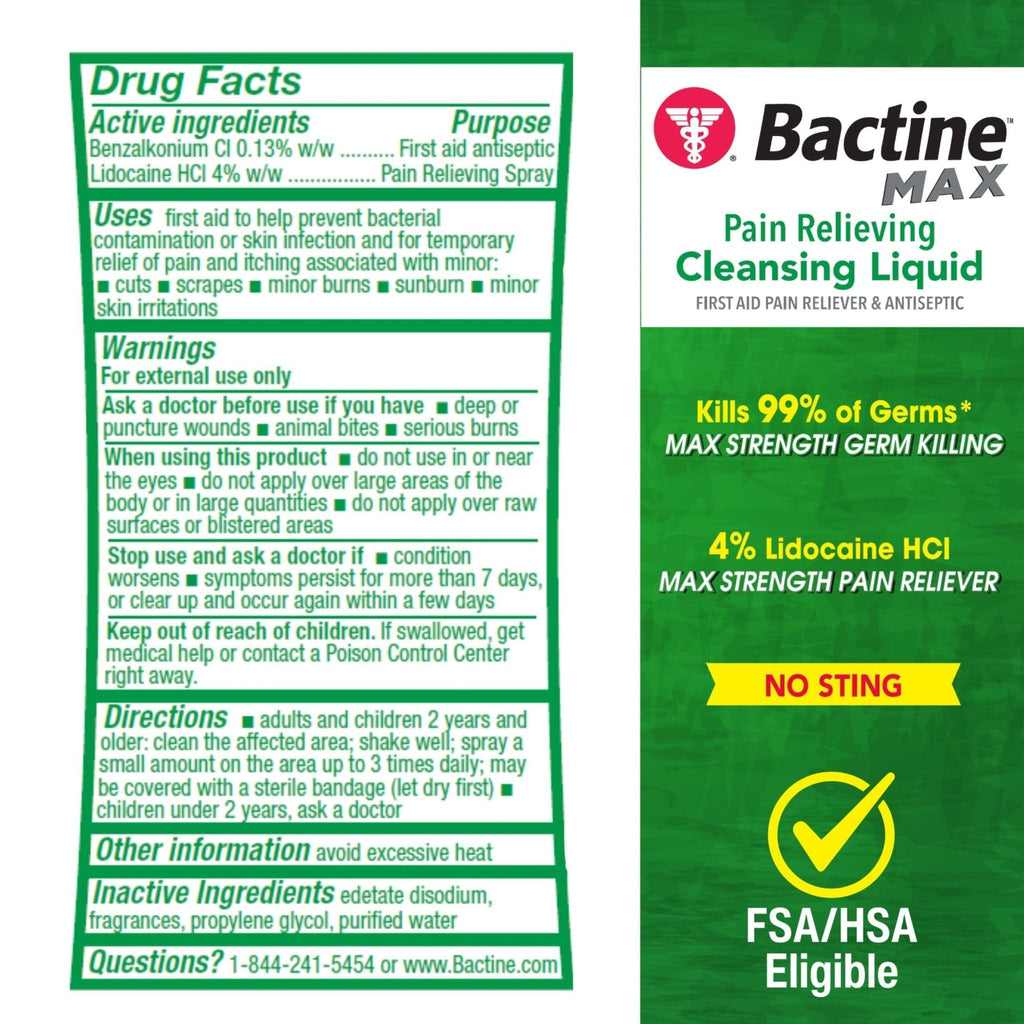 Bactine Max Pain Relieving Antiseptic Spray with Lidocaine, First Aid Pain + Itch Relief, No-Sting, Kills 99% of Germs*, 5oz - Maple Wellness Supplements