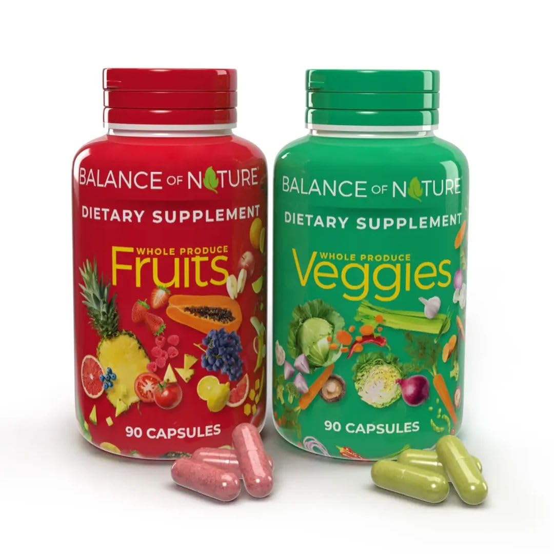 Balance of Nature Fruits & Veggies Supplements - Whole Fruit and Vegetable Ingredients for Women, Men, and Kids - 90 Fruits Capsules, 90 Veggies Capsules - 1 Set - TrustMedUSA