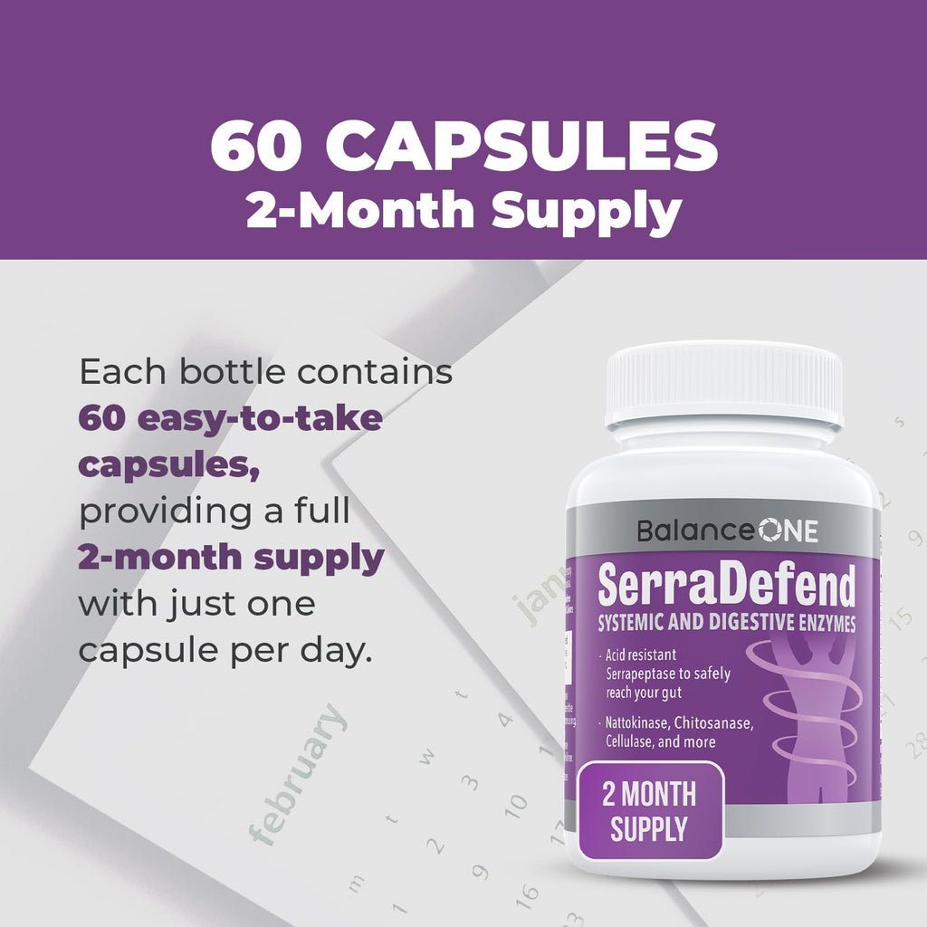 Balance ONE Biofilm Disruptor – Proteolytic Enzymes & Defense Supplement with Serrapeptase & Nattokinase – Systemic & Digestive Support – 60 Capsules, 2 Month Supply – for Women & Men – SerraDefend - Maple Wellness Supplements