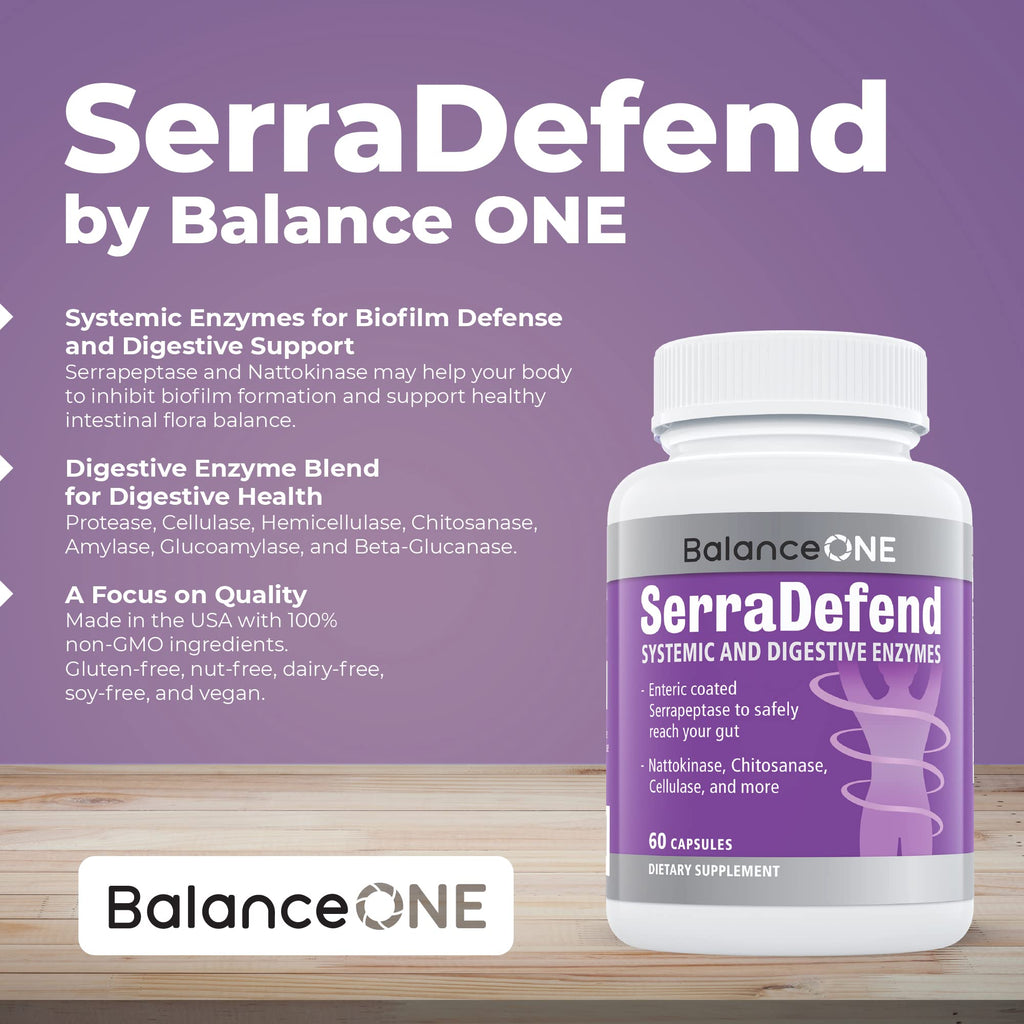 Balance ONE Biofilm Disruptor – Proteolytic Enzymes & Defense Supplement with Serrapeptase & Nattokinase – Systemic & Digestive Support – 60 Capsules, 2 Month Supply – for Women & Men – SerraDefend - Maple Wellness Supplements