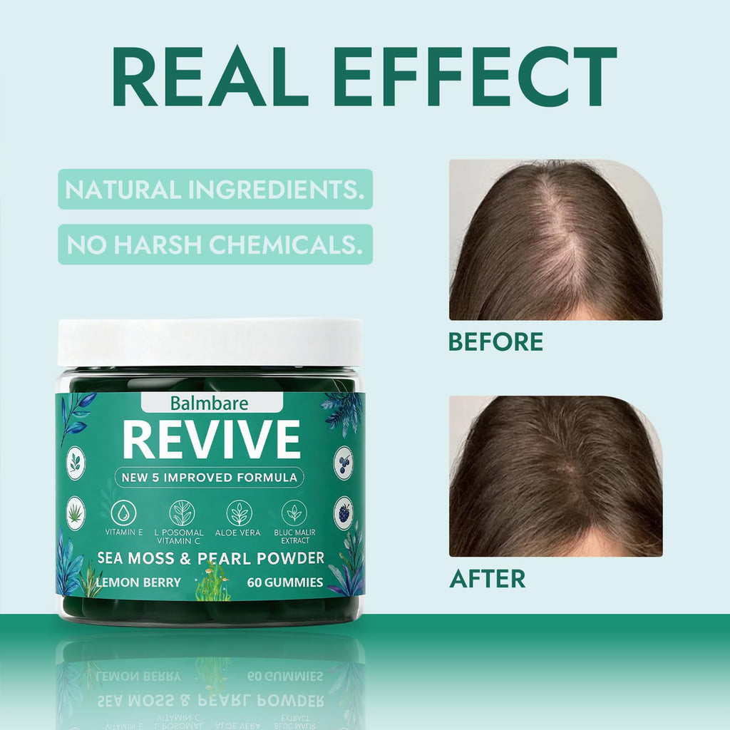 Balmbare Revive Gummies for Hair Loss, with Organic Irish Sea Moss Pearl Powder, Vitamins C & E, Aloe Vera - Supports Healthy Hair, Skin & Nails Growth (1pcs) - TrustMedUSA