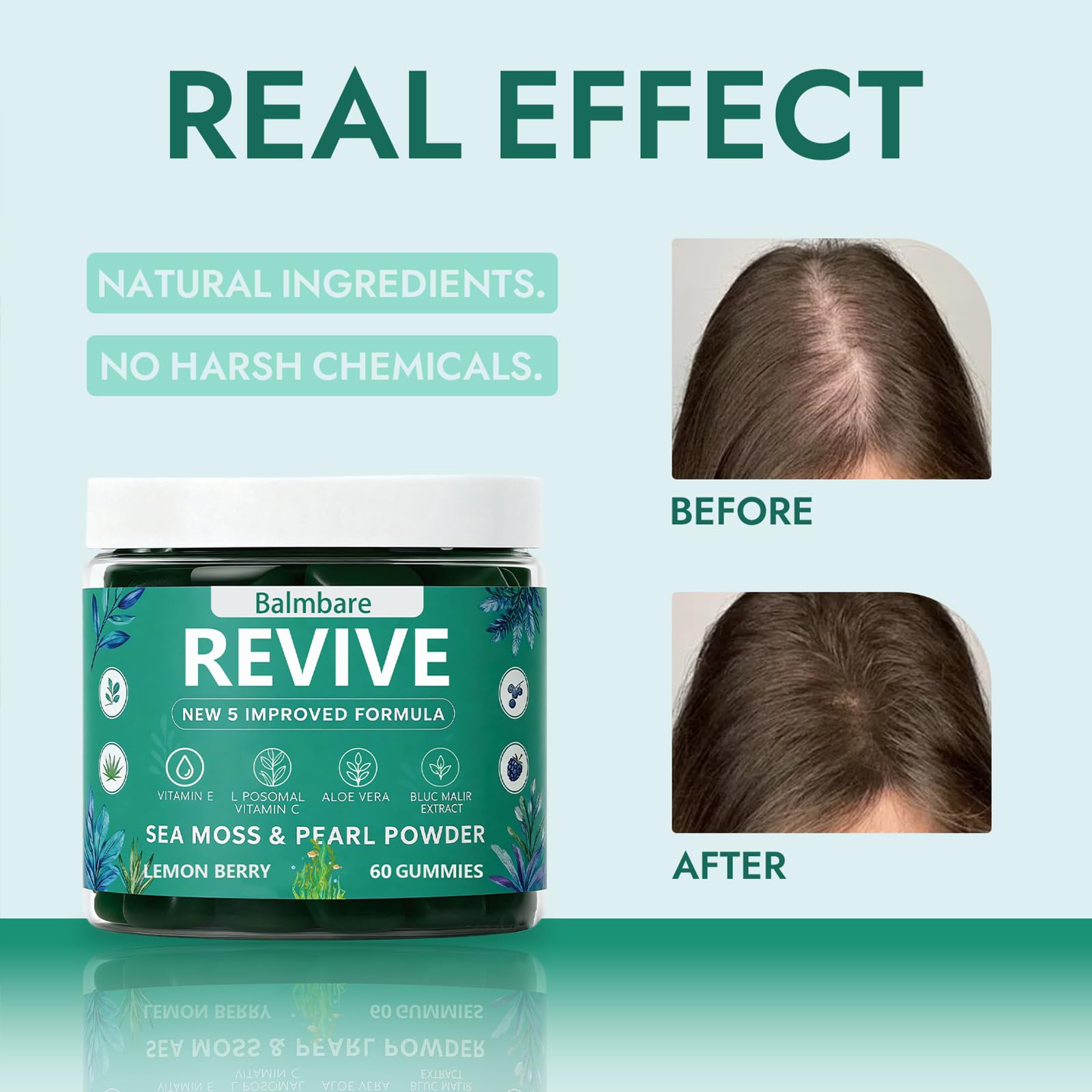 Balmbare Revive Gummies for Hair Loss, with Organic Irish Sea Moss Pearl Powder, Vitamins C & E, Aloe Vera - Supports Healthy Hair, Skin & Nails Growth (1pcs) - TrustMedUSA