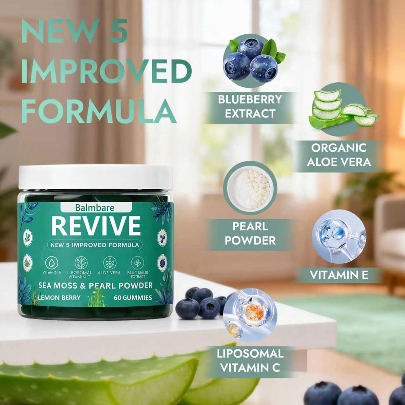 Balmbare Revive Gummies for Hair Loss, with Organic Irish Sea Moss Pearl Powder, Vitamins C & E, Aloe Vera - Supports Healthy Hair, Skin & Nails Growth (1pcs) - TrustMedUSA