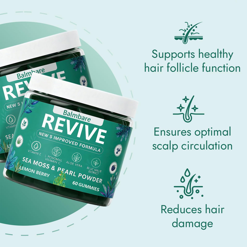 Balmbare Revive Gummies for Hair Loss, with Organic Irish Sea Moss Pearl Powder, Vitamins C & E, Aloe Vera - Supports Healthy Hair, Skin & Nails Growth (1pcs) - TrustMedUSA