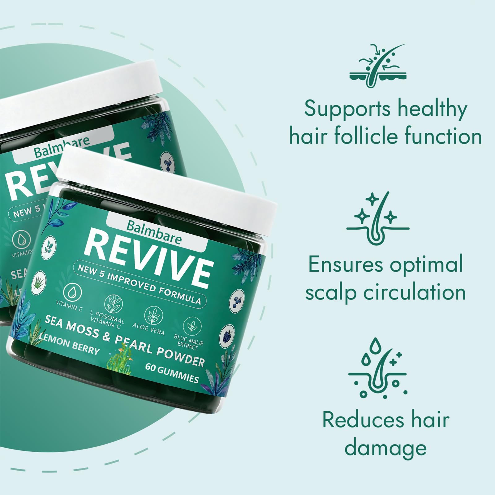 Balmbare Revive Gummies for Hair Loss, with Organic Irish Sea Moss Pearl Powder, Vitamins C & E, Aloe Vera - Supports Healthy Hair, Skin & Nails Growth (1pcs) - TrustMedUSA