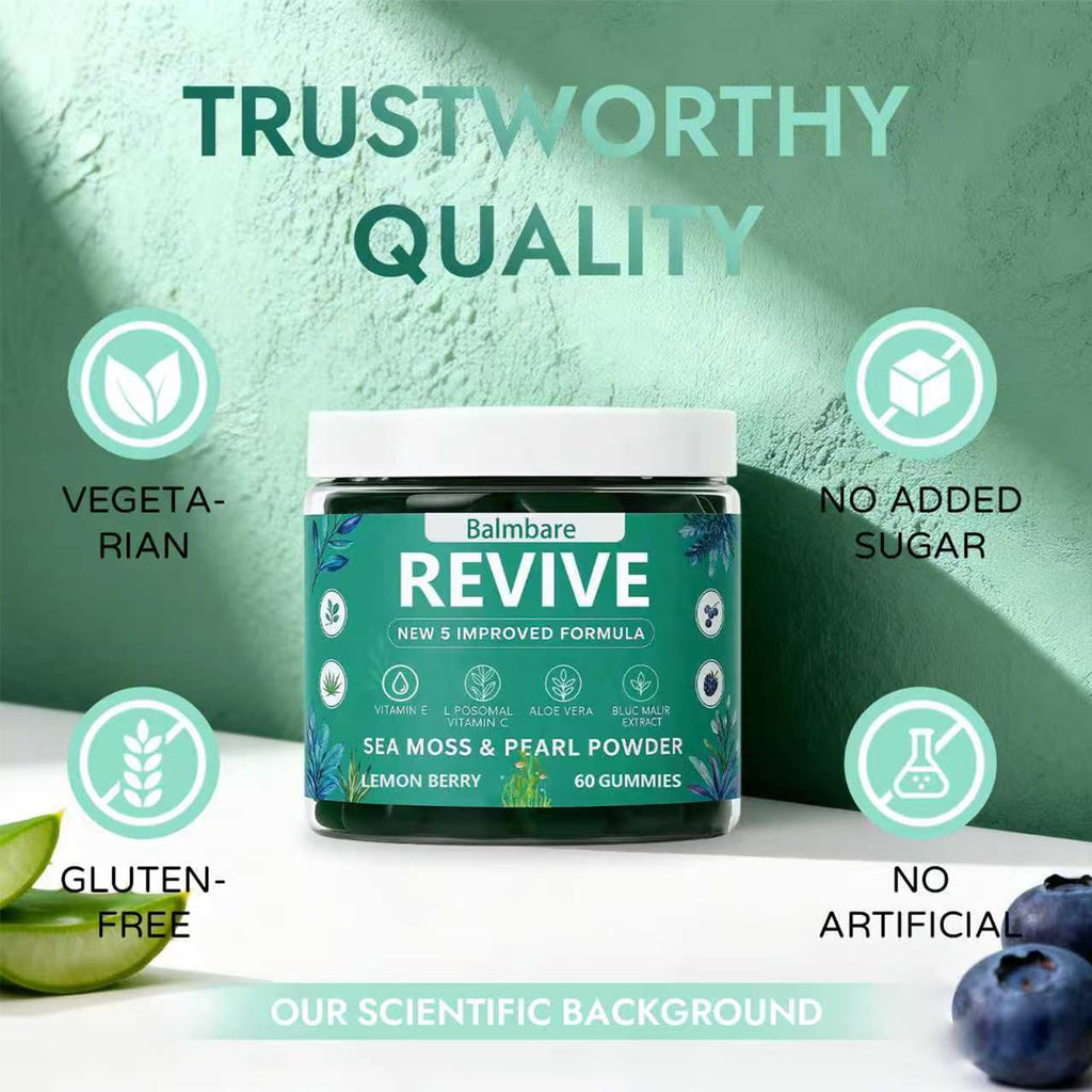 Balmbare Revive Gummies for Hair Loss, with Organic Irish Sea Moss Pearl Powder, Vitamins C & E, Aloe Vera - Supports Healthy Hair, Skin & Nails Growth (1pcs) - TrustMedUSA
