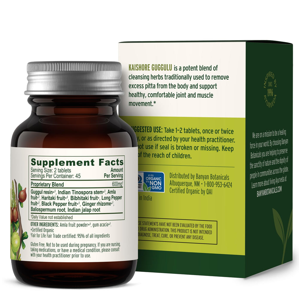 Banyan Botanicals Kaishore Guggulu – Organic Joint Support Supplement – Traditional Blend that Supports Healthy Joints, Muscles, and Connective Tissue* – 90 tablets – Non-GMO Sustainably Sourced Vegan - TrustMedUSA