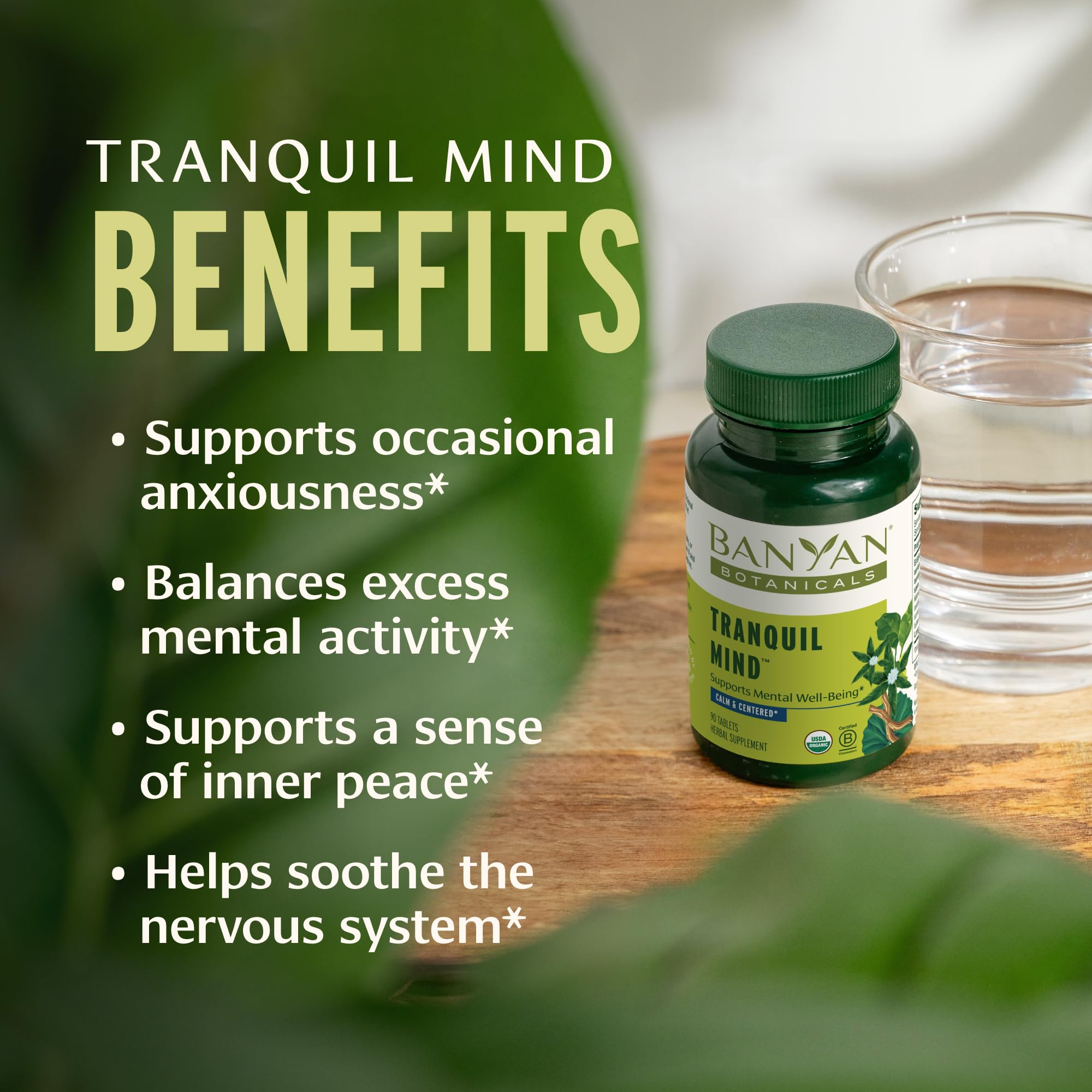 Banyan Botanicals Organic Tranquil Mind – Nervous System Support & Physical Relaxation Supplement – with Skullcap, Passionflower & Gotu Kola – Non-Drowsy Systemic Grounding – 90 Tablets – USDA Organic - TrustMedUSA