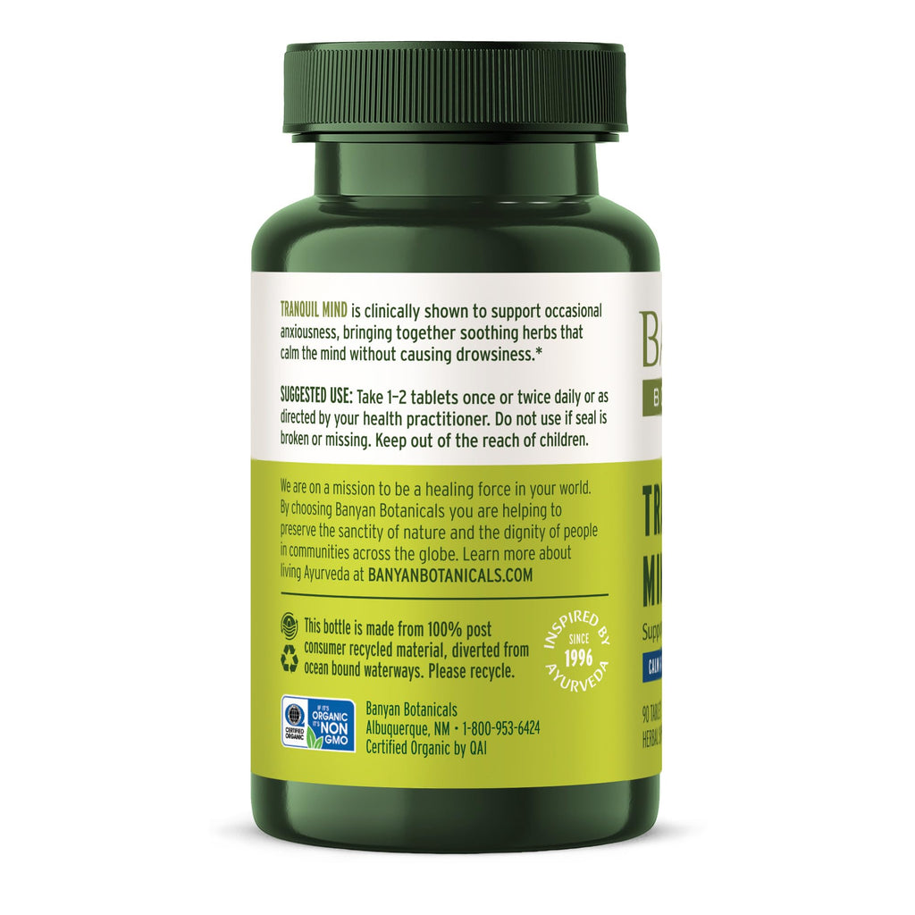 Banyan Botanicals Organic Tranquil Mind – Nervous System Support & Physical Relaxation Supplement – with Skullcap, Passionflower & Gotu Kola – Non-Drowsy Systemic Grounding – 90 Tablets – USDA Organic - TrustMedUSA
