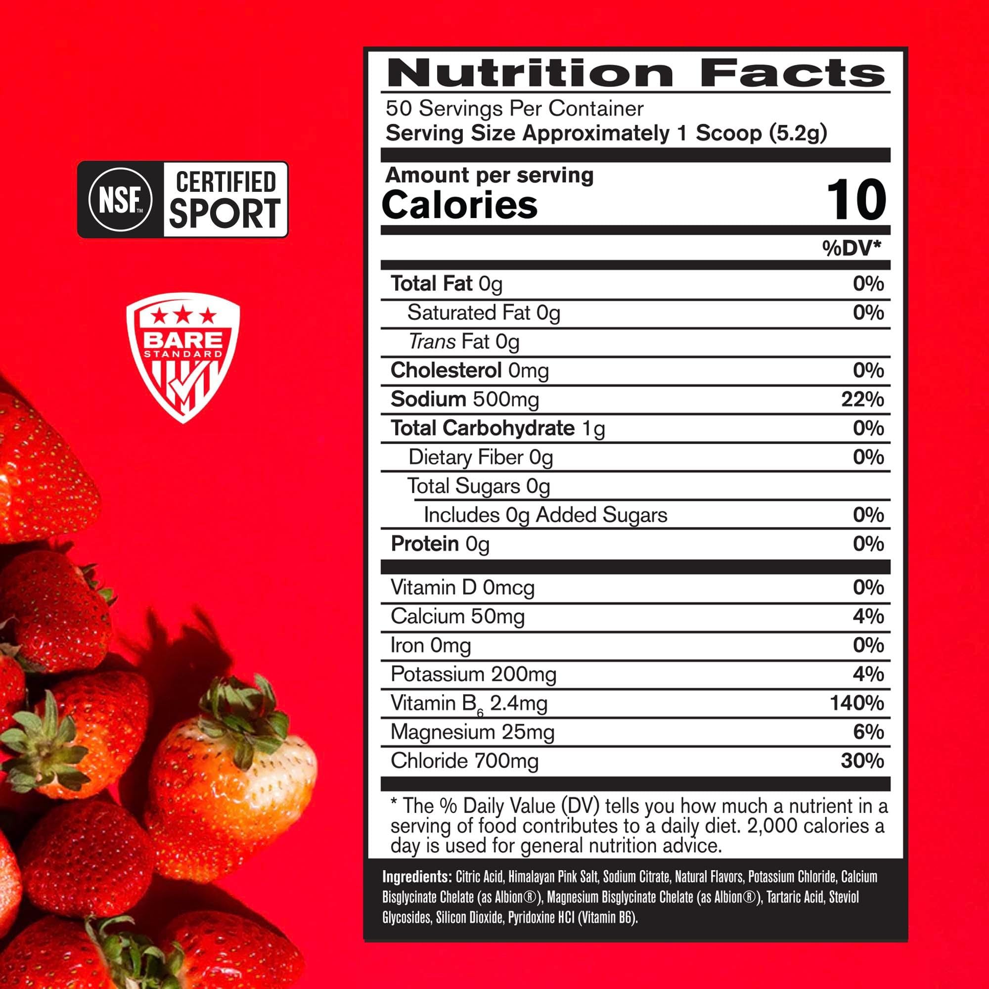 BARE PERFORMANCE NUTRITION BPN Electrolytes Hydration Drink Mix | Sugar Free Electrolyte Powder | 500mg Sodium per Serving | Naturally Sweetened | Strawberry, 50 Servings - TrustMedUSA
