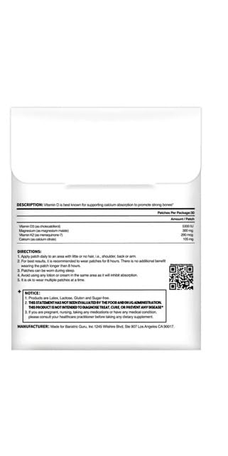 Bariatric Guru VitaBoost Supplement Patch — Vitamin D3, K2, Magnesium & Calcium Citrate Transdermal Topical Patch for Bone, Muscle & Immune Support — 30 Patches - TrustMedUSA