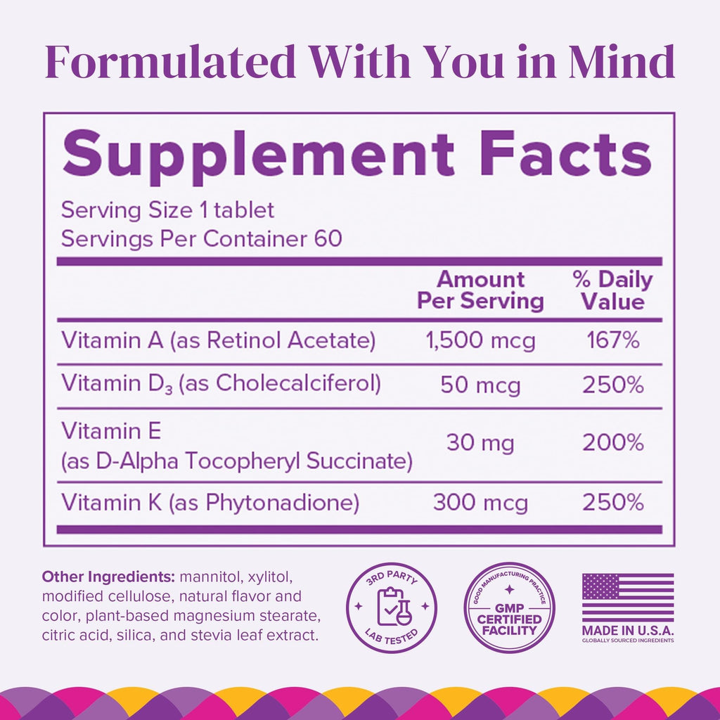 Barimelts ADEK - 60 Fast-Dissolving Tablets (2-Month Supply) - Sugar-Free Bariatric Vitamins for Women Including Vitamin A, Vitamin D, Vitamin E & Vitamin K, Natural Strawberry Flavor - Maple Wellness Supplements
