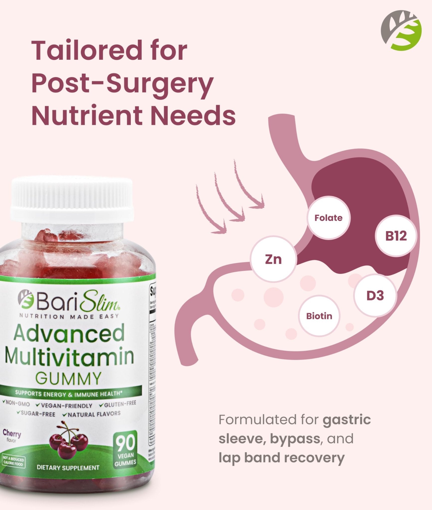 BariSlim Advanced Bariatric Multivitamin Gummies - Specially Formulated Bariatric Vitamins for Patients After Weight Loss Surgery - Supports Energy & Immune Health | Cherry (90 Vegan Gummies) - Maple Wellness Supplements