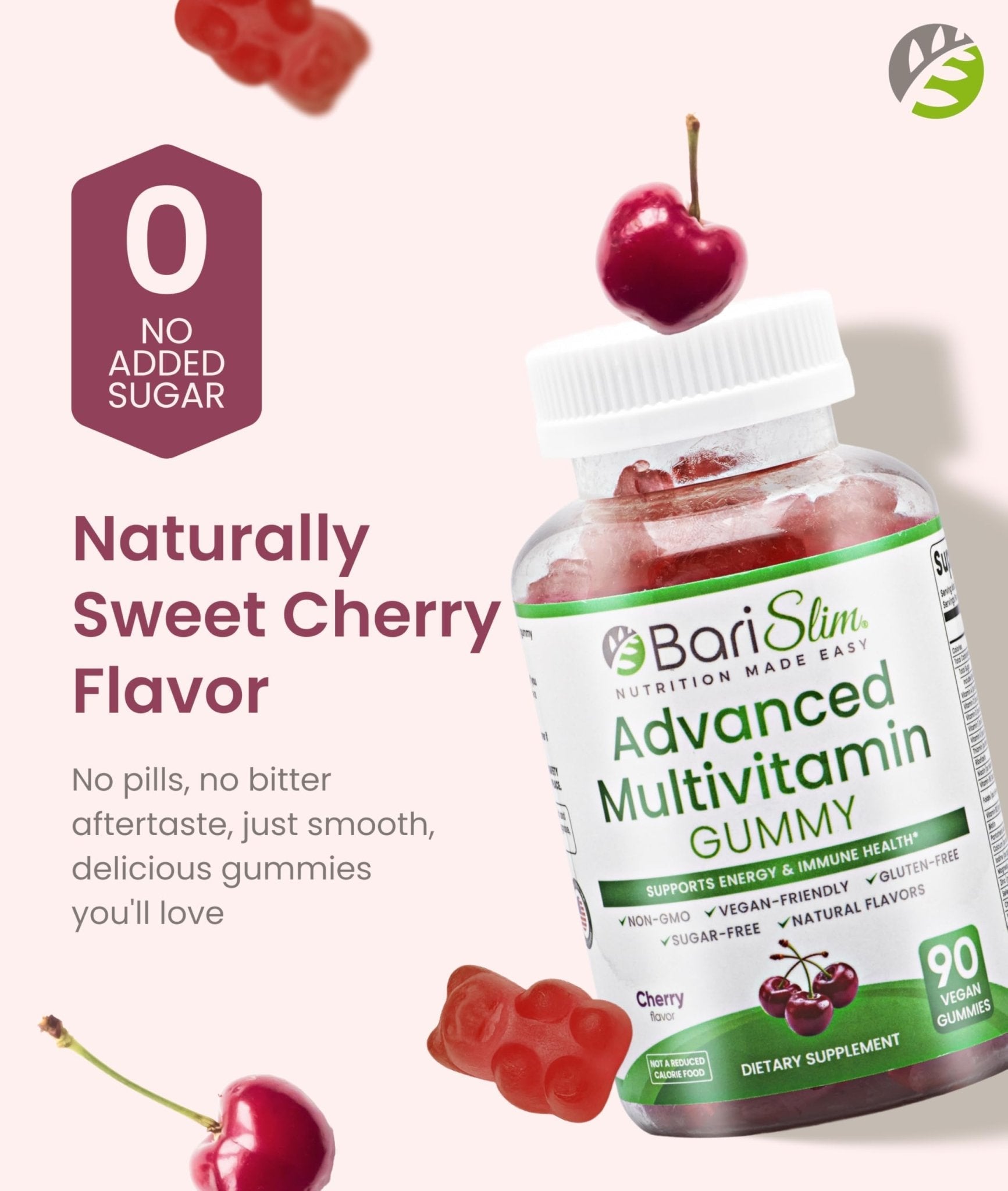 BariSlim Advanced Bariatric Multivitamin Gummies - Specially Formulated Bariatric Vitamins for Patients After Weight Loss Surgery - Supports Energy & Immune Health | Cherry (90 Vegan Gummies) - Maple Wellness Supplements