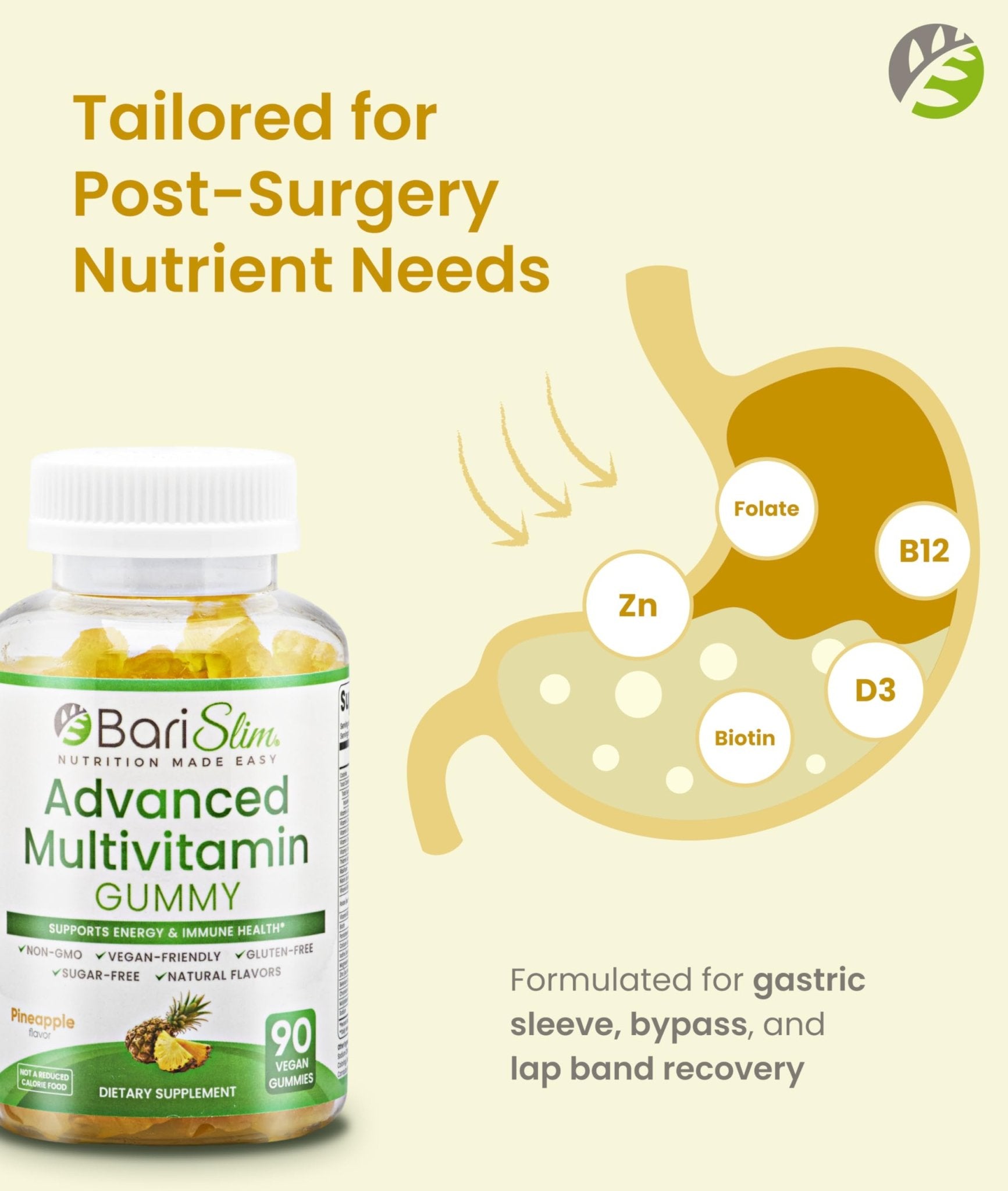 BariSlim Advanced Bariatric Multivitamin Gummies - Specially Formulated Bariatric Vitamins for Patients After Weight Loss Surgery - Supports Energy & Immune Health | Pineapple (90 Vegan Gummies) - Maple Wellness Supplements
