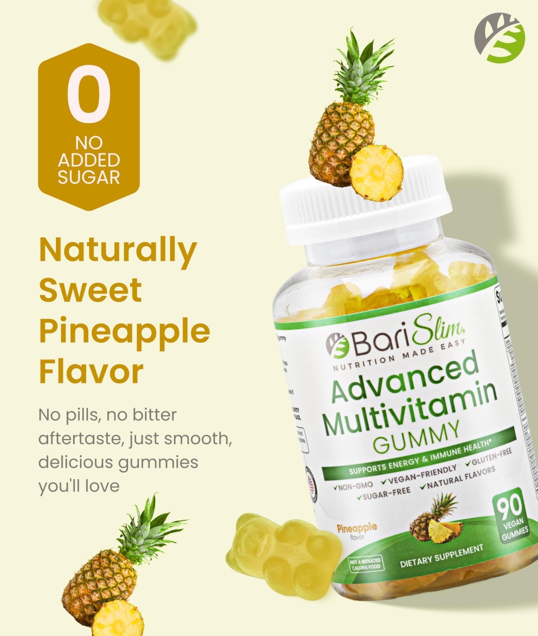 BariSlim Advanced Bariatric Multivitamin Gummies - Specially Formulated Bariatric Vitamins for Patients After Weight Loss Surgery - Supports Energy & Immune Health | Pineapple (90 Vegan Gummies) - Maple Wellness Supplements