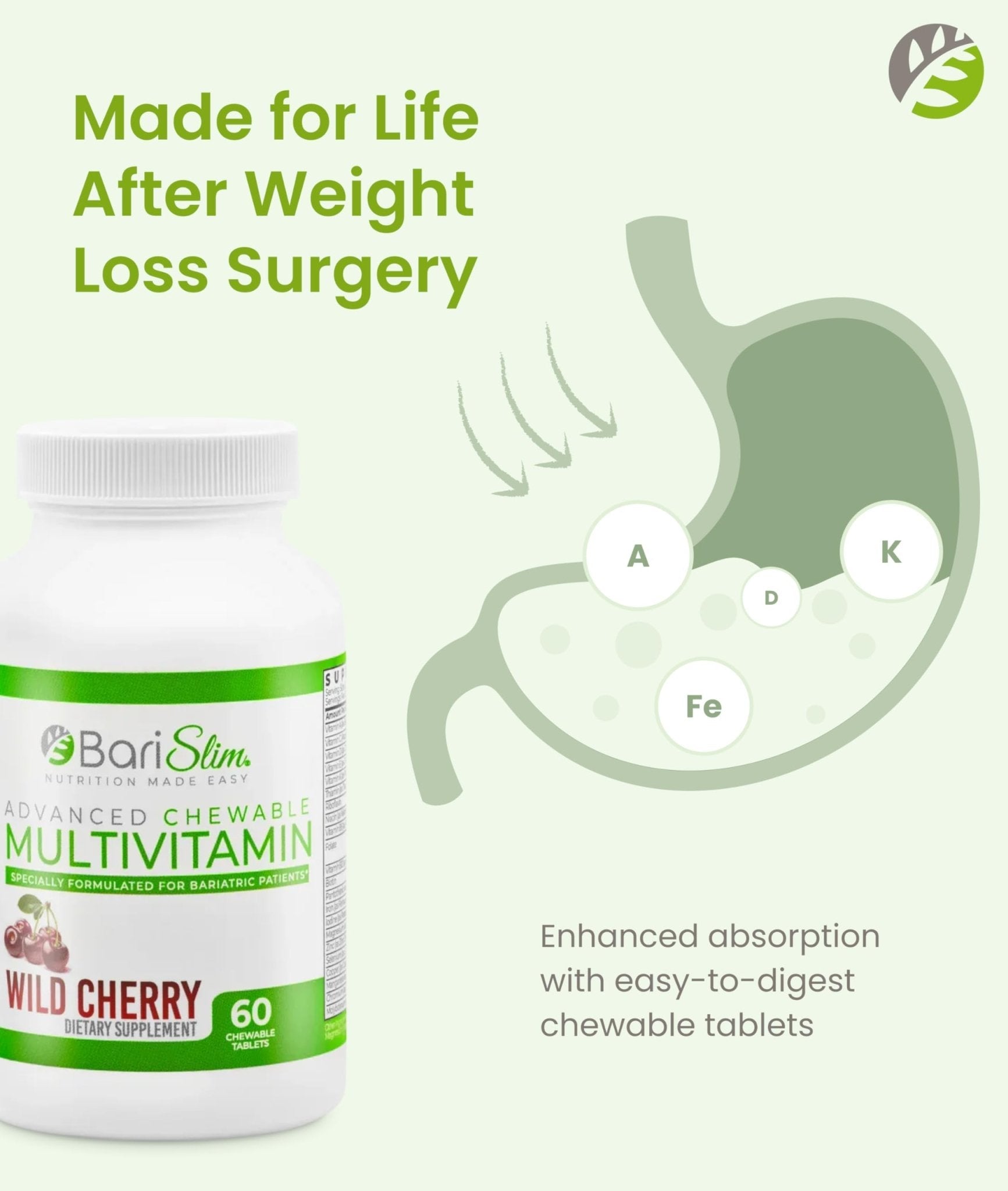 BariSlim Advanced Chewable Bariatric Multivitamin Tablets - Bariatric Vitamin and Supplement for Post Bariatric Surgery Including Gastric Bypass and Gastric Sleeve | Wild Cherry (60 Count) - Maple Wellness Supplements