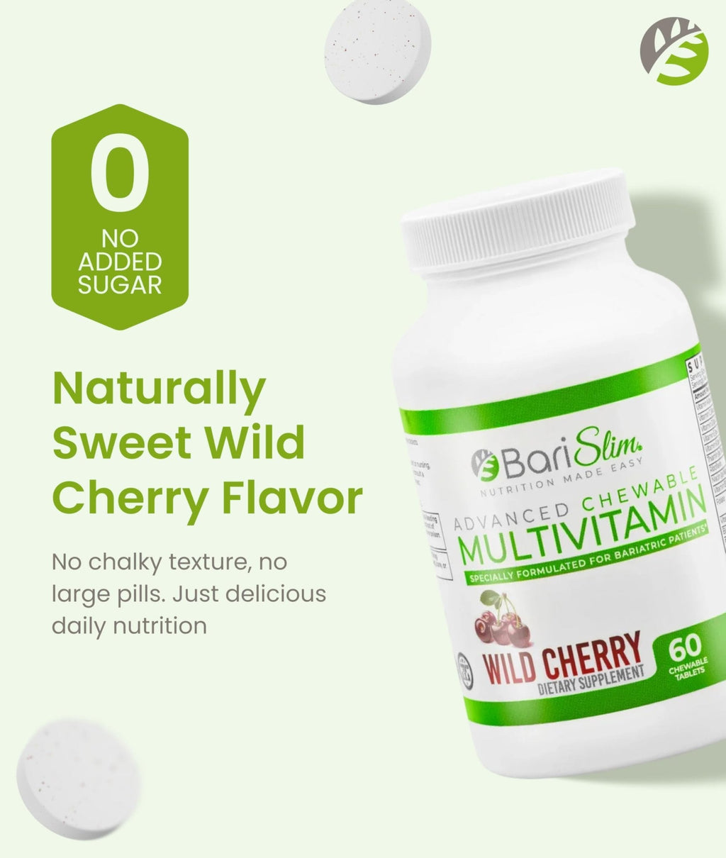 BariSlim Advanced Chewable Bariatric Multivitamin Tablets - Bariatric Vitamin and Supplement for Post Bariatric Surgery Including Gastric Bypass and Gastric Sleeve | Wild Cherry (60 Count) - Maple Wellness Supplements
