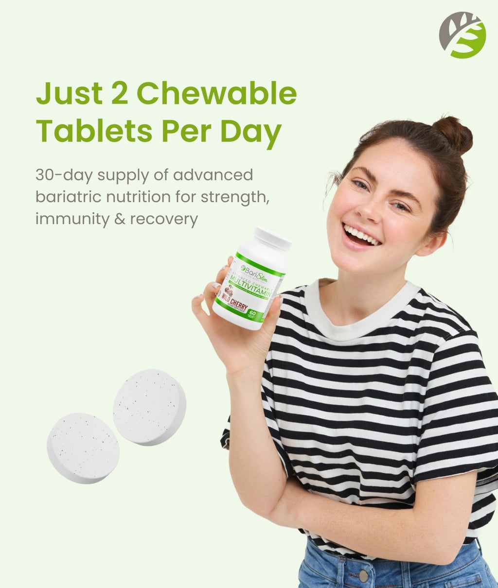 BariSlim Advanced Chewable Bariatric Multivitamin Tablets - Bariatric Vitamin and Supplement for Post Bariatric Surgery Including Gastric Bypass and Gastric Sleeve | Wild Cherry (60 Count) - Maple Wellness Supplements