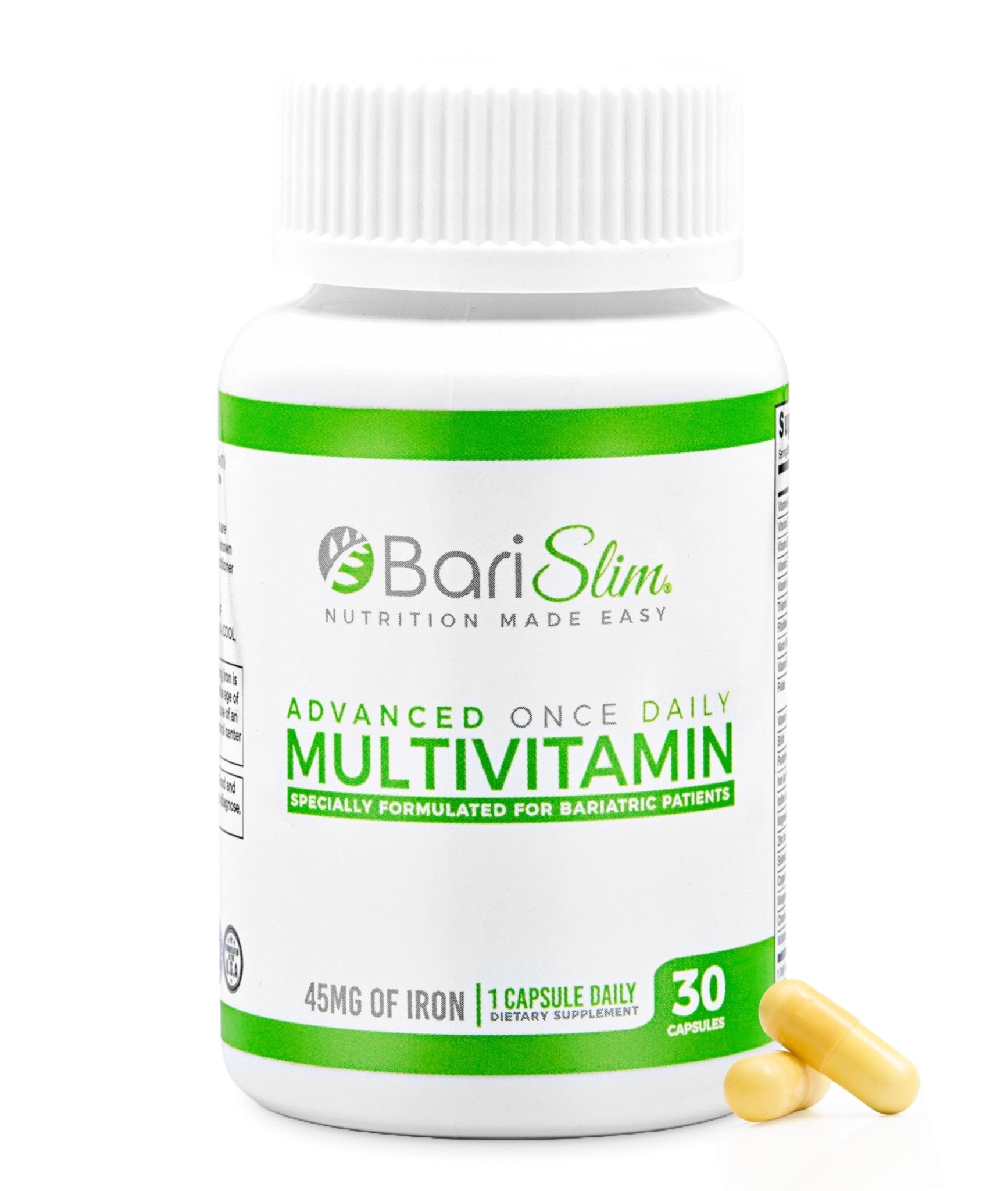 BariSlim Advanced Once Daily Bariatric Multivitamin Capsule - 45 mg of Iron - Bariatric Vitamin for Post Bariatric Surgery Including Gastric Bypass and Gastric Sleeve | 30 Day Supply - Maple Wellness Supplements