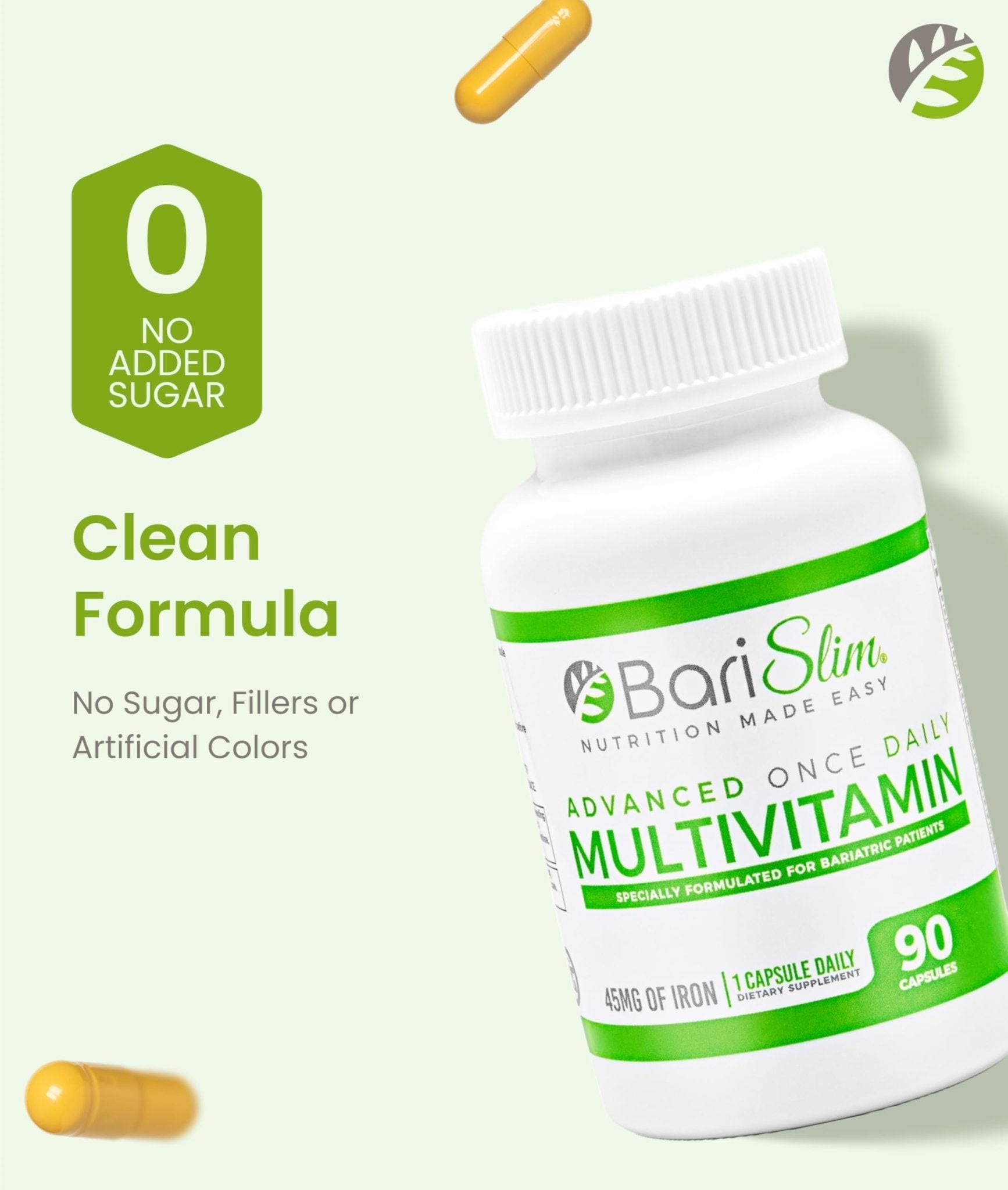 BariSlim Advanced Once Daily Bariatric Multivitamin Capsule - 45 mg of Iron - Bariatric Vitamin for Post Bariatric Surgery Including Gastric Bypass and Gastric Sleeve | 90 Day Supply - Maple Wellness Supplements