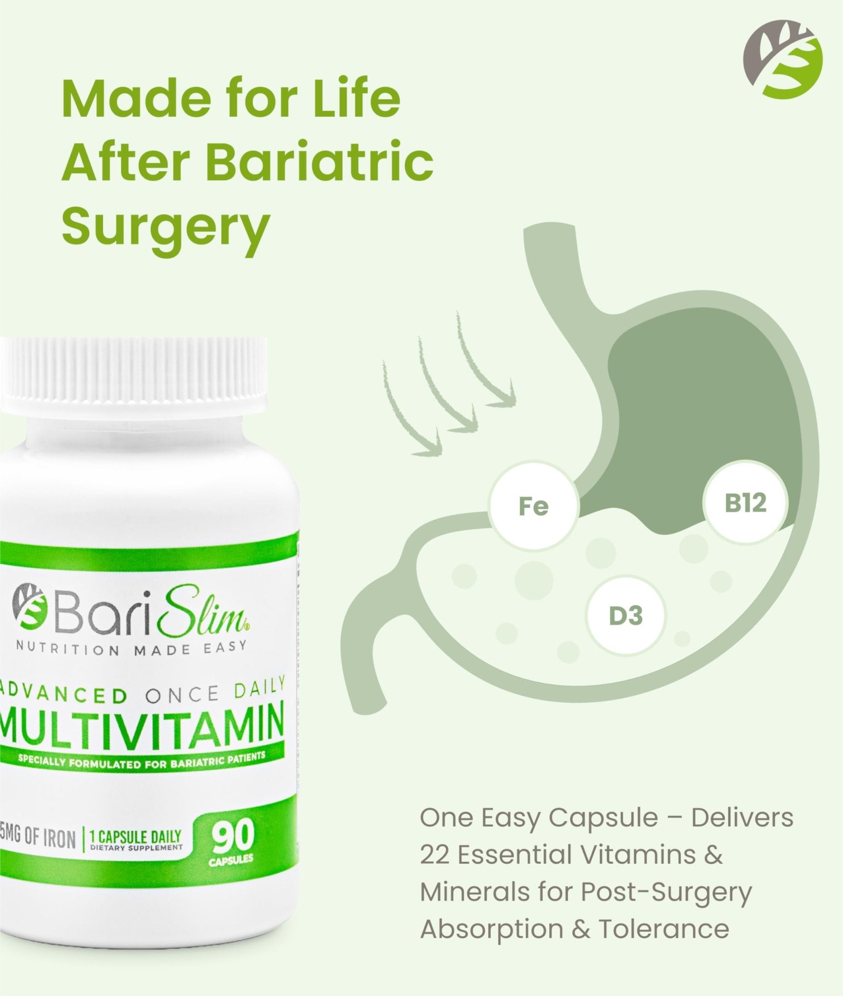 BariSlim Advanced Once Daily Bariatric Multivitamin Capsule - 45 mg of Iron - Bariatric Vitamin for Post Bariatric Surgery Including Gastric Bypass and Gastric Sleeve | 90 Day Supply - Maple Wellness Supplements