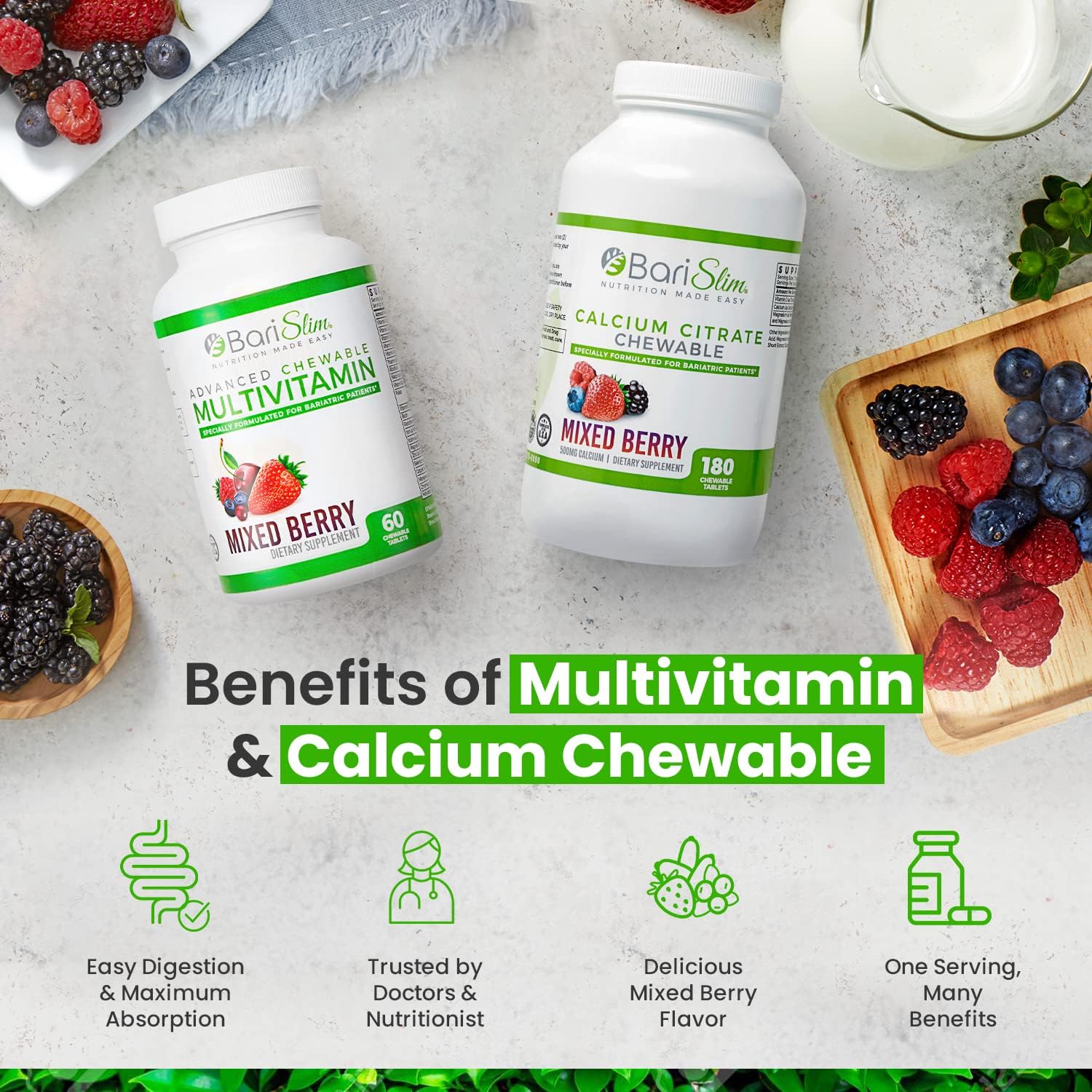 BariSlim Bariatric Calcium Citrate & Advanced Chewable Bariatric Multivitamin with Iron - Bariatric Vitamin and Supplement for Post Bariatric Surgery Including Gastric Bypass and Gastric Sleeve - Maple Wellness Supplements
