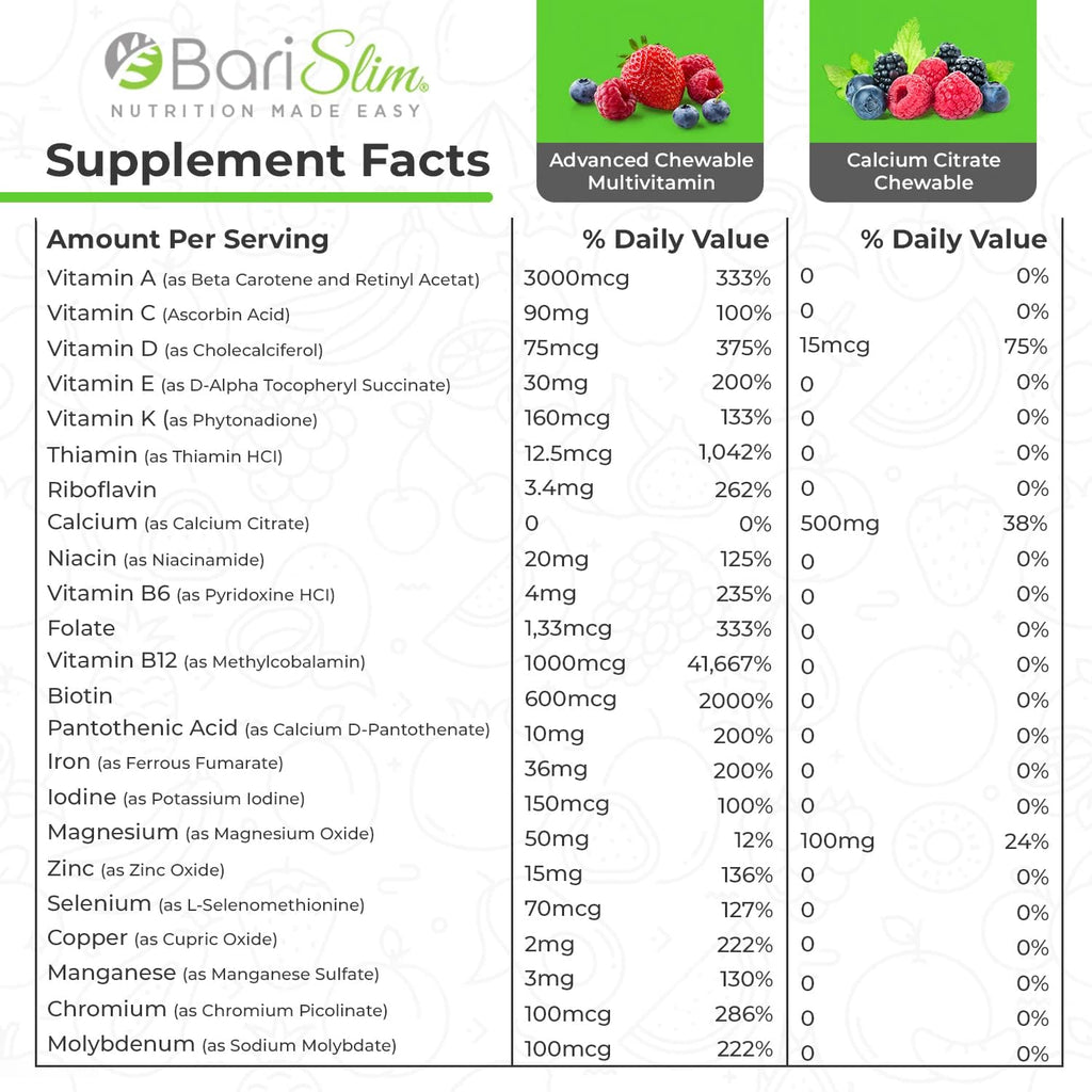 BariSlim Bariatric Calcium Citrate & Advanced Chewable Bariatric Multivitamin with Iron - Bariatric Vitamin and Supplement for Post Bariatric Surgery Including Gastric Bypass and Gastric Sleeve - Maple Wellness Supplements