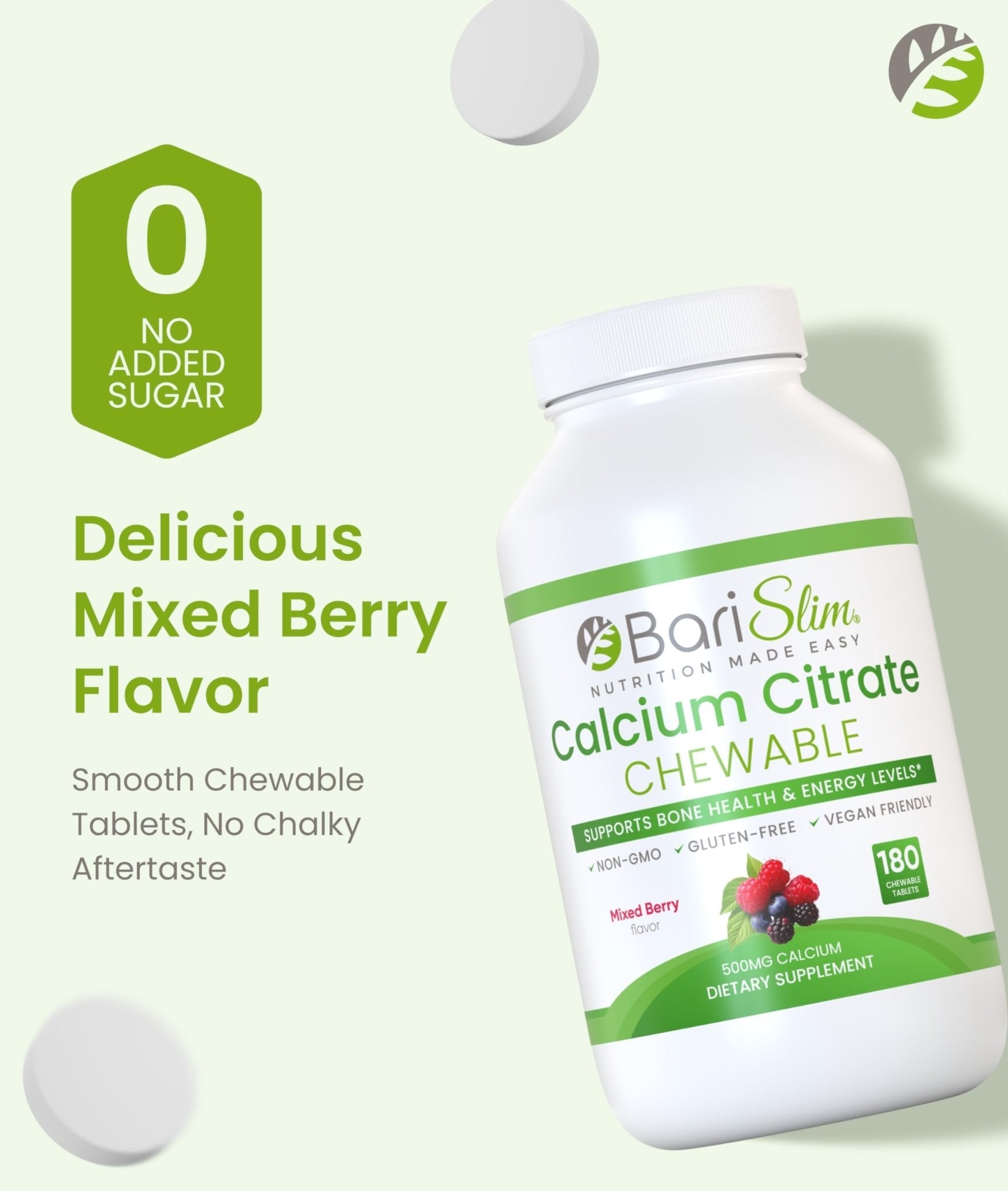 BariSlim Bariatric Calcium Citrate with Magnesium & Vitamin D Tabs - 500mg Calcium Citrate - Formulated for Post Weight Loss Surgery - Supports Bone Health | Mixed Berry | 180 Tablets - Maple Wellness Supplements