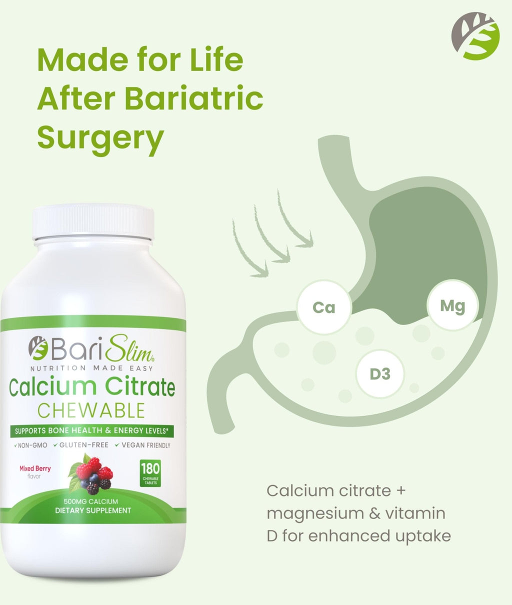 BariSlim Bariatric Calcium Citrate with Magnesium & Vitamin D Tabs - 500mg Calcium Citrate - Formulated for Post Weight Loss Surgery - Supports Bone Health | Mixed Berry | 180 Tablets - Maple Wellness Supplements