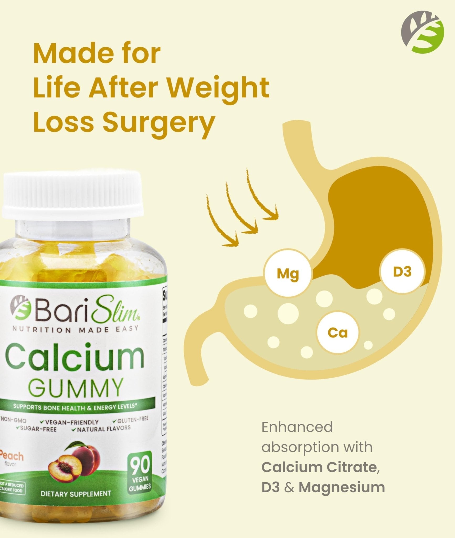 BariSlim Bariatric Calcium Gummies - Specially Formulated Bariatric Vitamins for Patients After Weight Loss Surgery - Supports Energy Levels & Bone Health | Peach (90 Vegan Gummies) - Maple Wellness Supplements