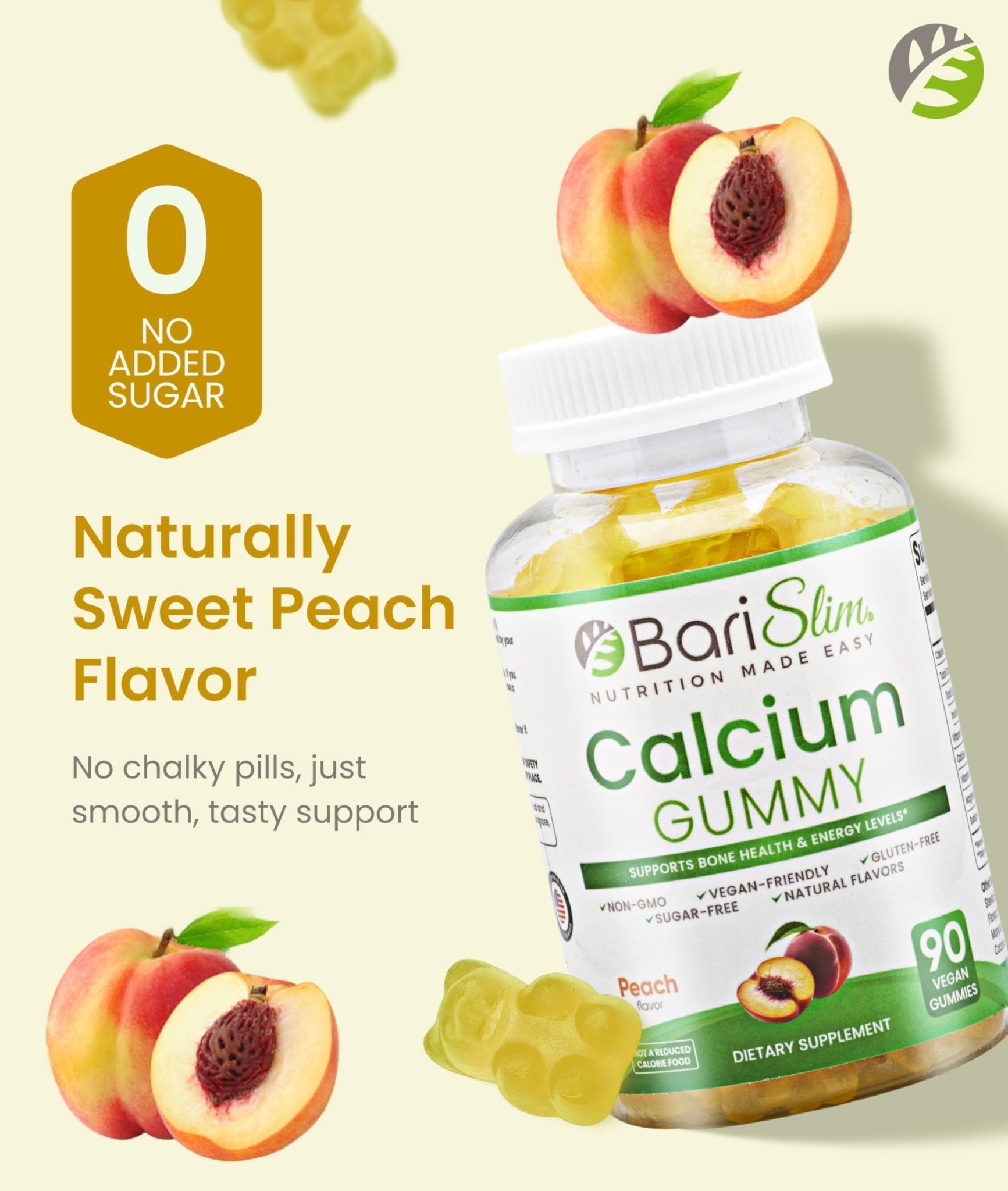 BariSlim Bariatric Calcium Gummies - Specially Formulated Bariatric Vitamins for Patients After Weight Loss Surgery - Supports Energy Levels & Bone Health | Peach (90 Vegan Gummies) - Maple Wellness Supplements