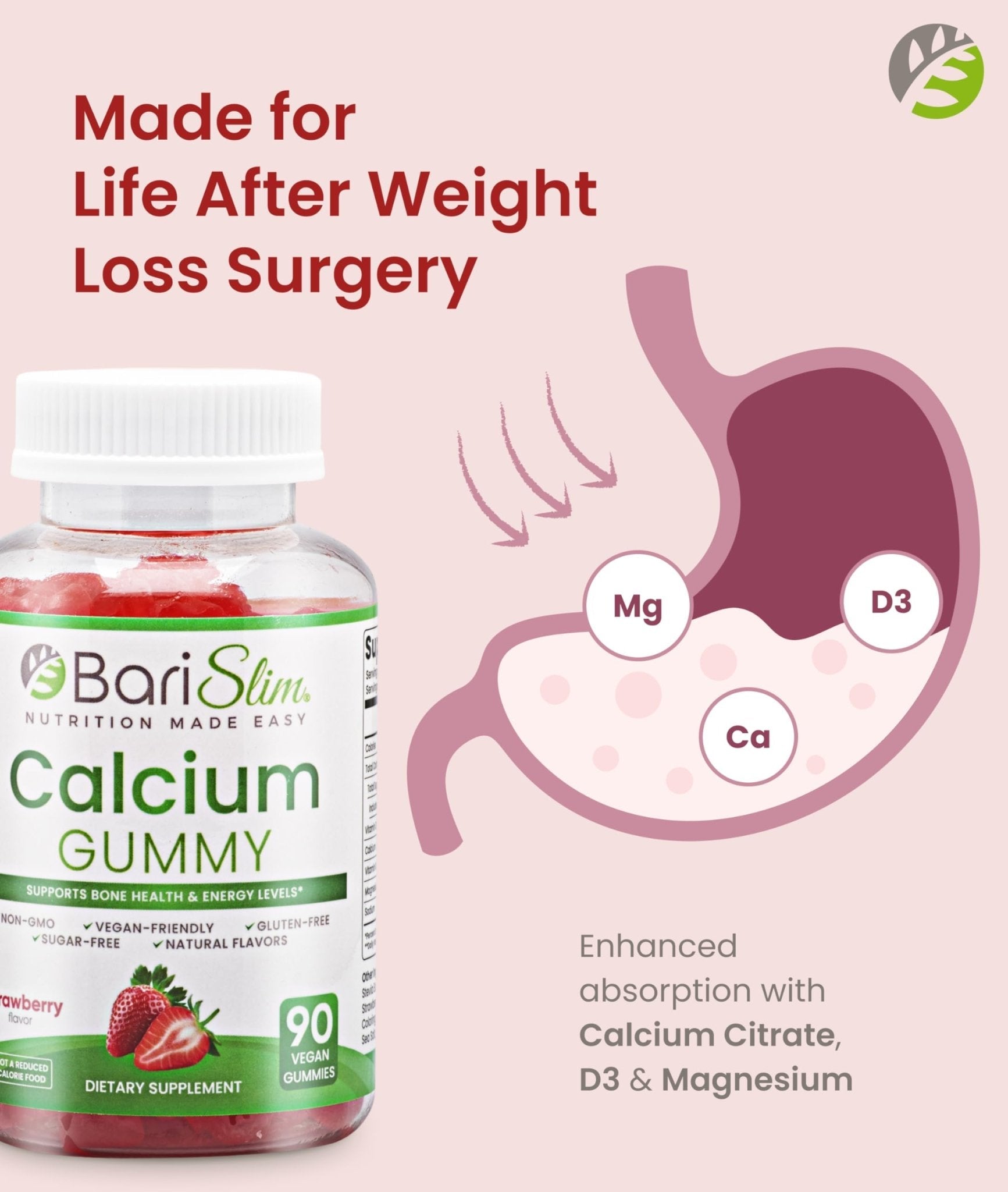 BariSlim Bariatric Calcium Gummies - Specially Formulated Bariatric Vitamins for Patients After Weight Loss Surgery - Supports Energy Levels & Bone Health | Strawberry (90 Vegan Gummies) - Maple Wellness Supplements