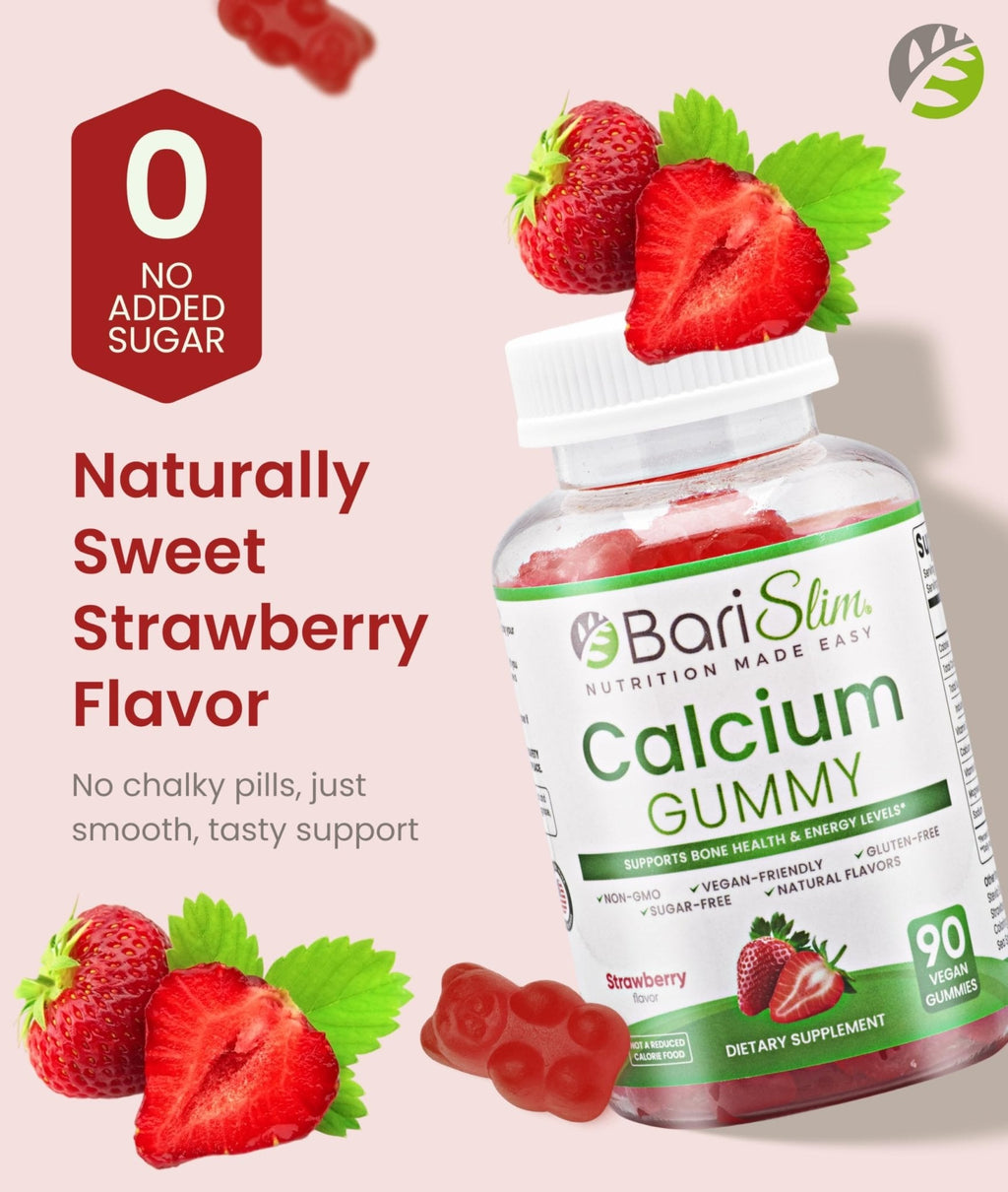 BariSlim Bariatric Calcium Gummies - Specially Formulated Bariatric Vitamins for Patients After Weight Loss Surgery - Supports Energy Levels & Bone Health | Strawberry (90 Vegan Gummies) - Maple Wellness Supplements