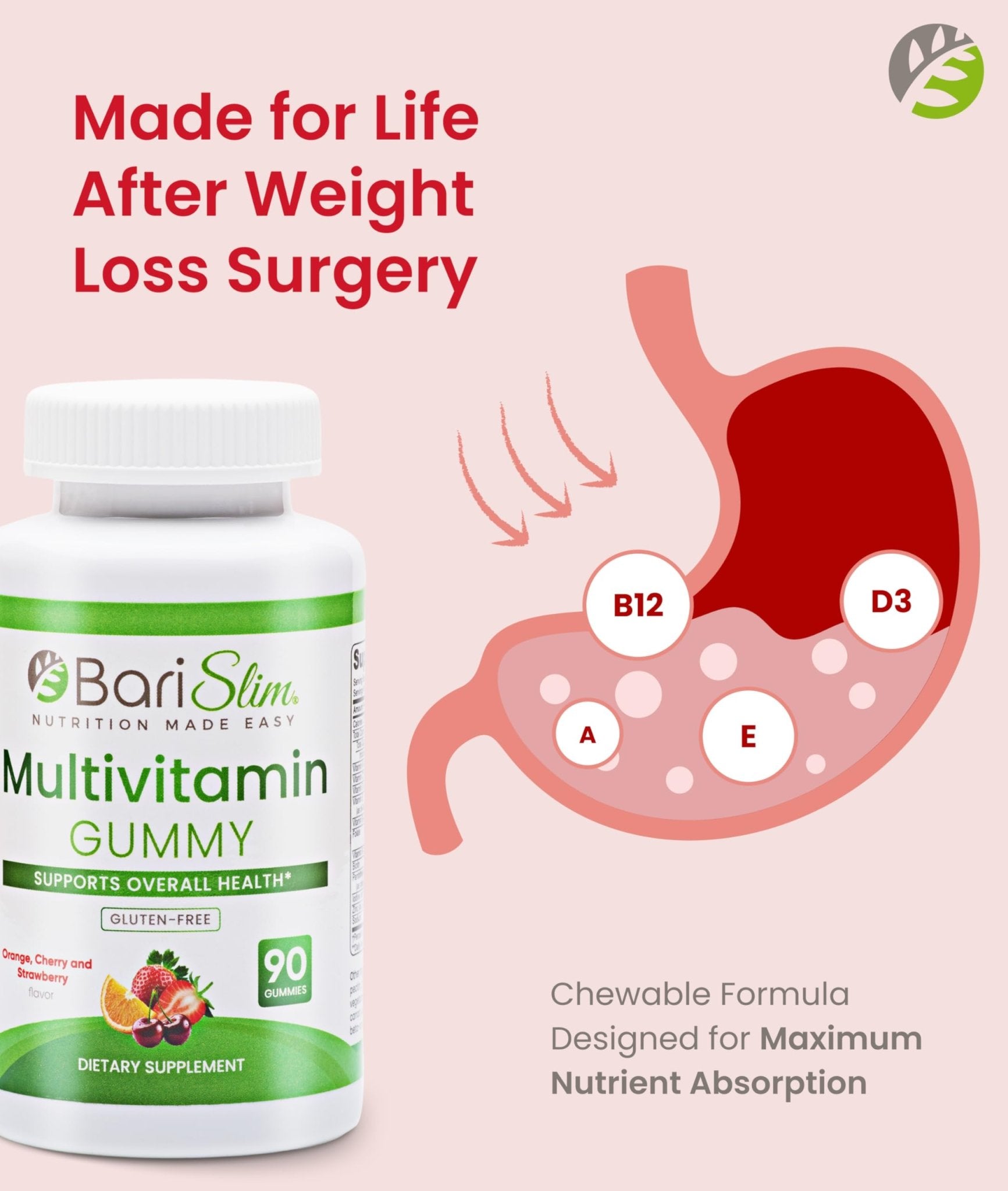 BariSlim Bariatric Chewable Multivitamin Gummies - Specially Formulated Gummy Vitamin for Patients After Weight Loss Surgery - Easy to Digest & Great Tasting Fruit Flavors | 90 Fruit Chews - Maple Wellness Supplements