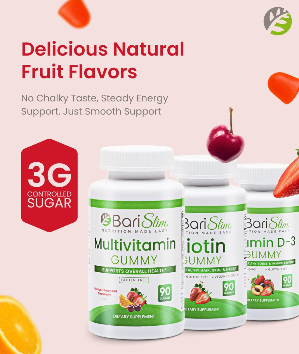 BariSlim Bariatric Multivitamin Gummies - Specially Formulated Gummy Vitamin for Patients After Weight Loss Surgery - Easy to Digest & Great Tasting Fruit Flavors | Pack of 3 | 90 Fruit Chews - Maple Wellness Supplements