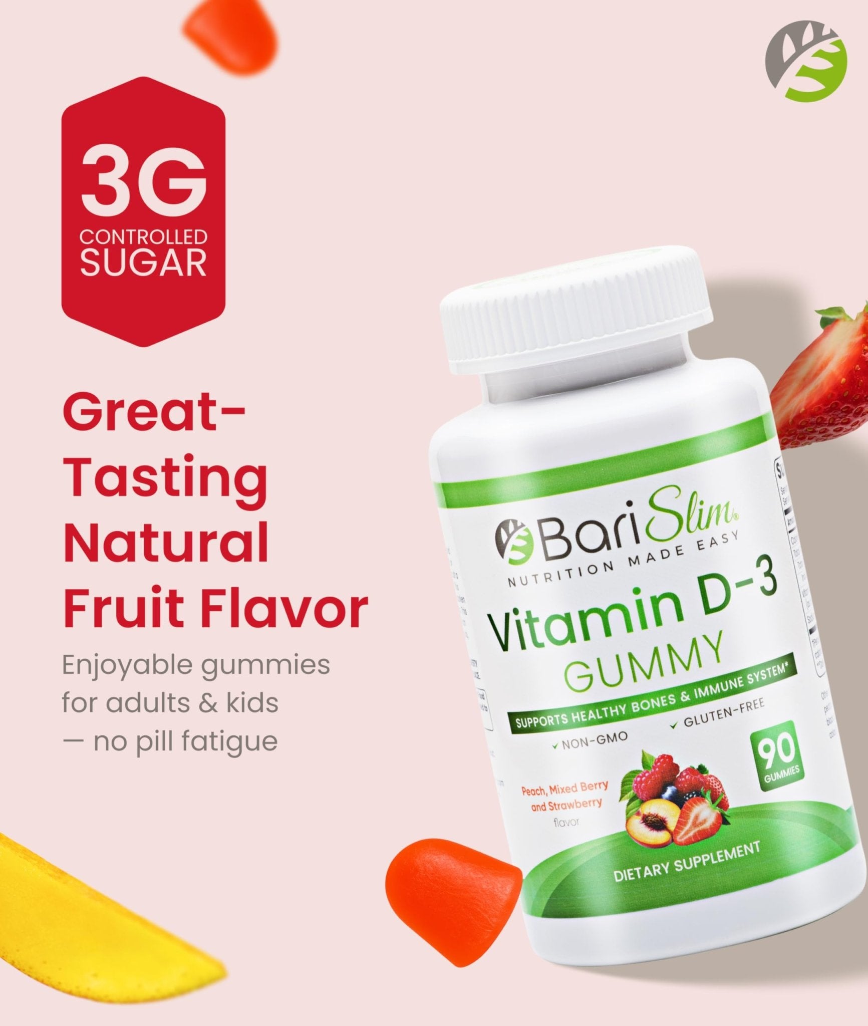 BariSlim Bariatric Vitamin D-3 Gummies - Specially Formulated Gummy Vitamin for Patients After Weight Loss Surgery - Easy to Digest and Great Tasting Fruit Flavors | 90 Fruit Chews - Maple Wellness Supplements