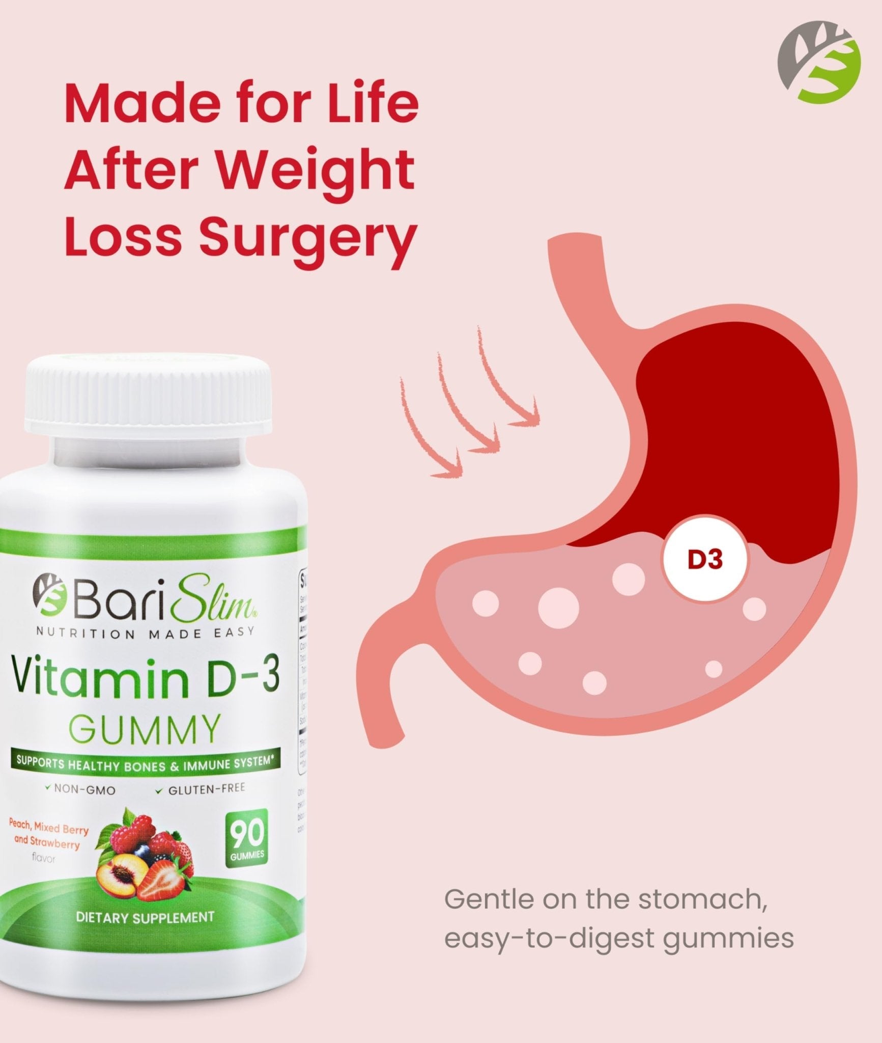 BariSlim Bariatric Vitamin D-3 Gummies - Specially Formulated Gummy Vitamin for Patients After Weight Loss Surgery - Easy to Digest and Great Tasting Fruit Flavors | 90 Fruit Chews - Maple Wellness Supplements