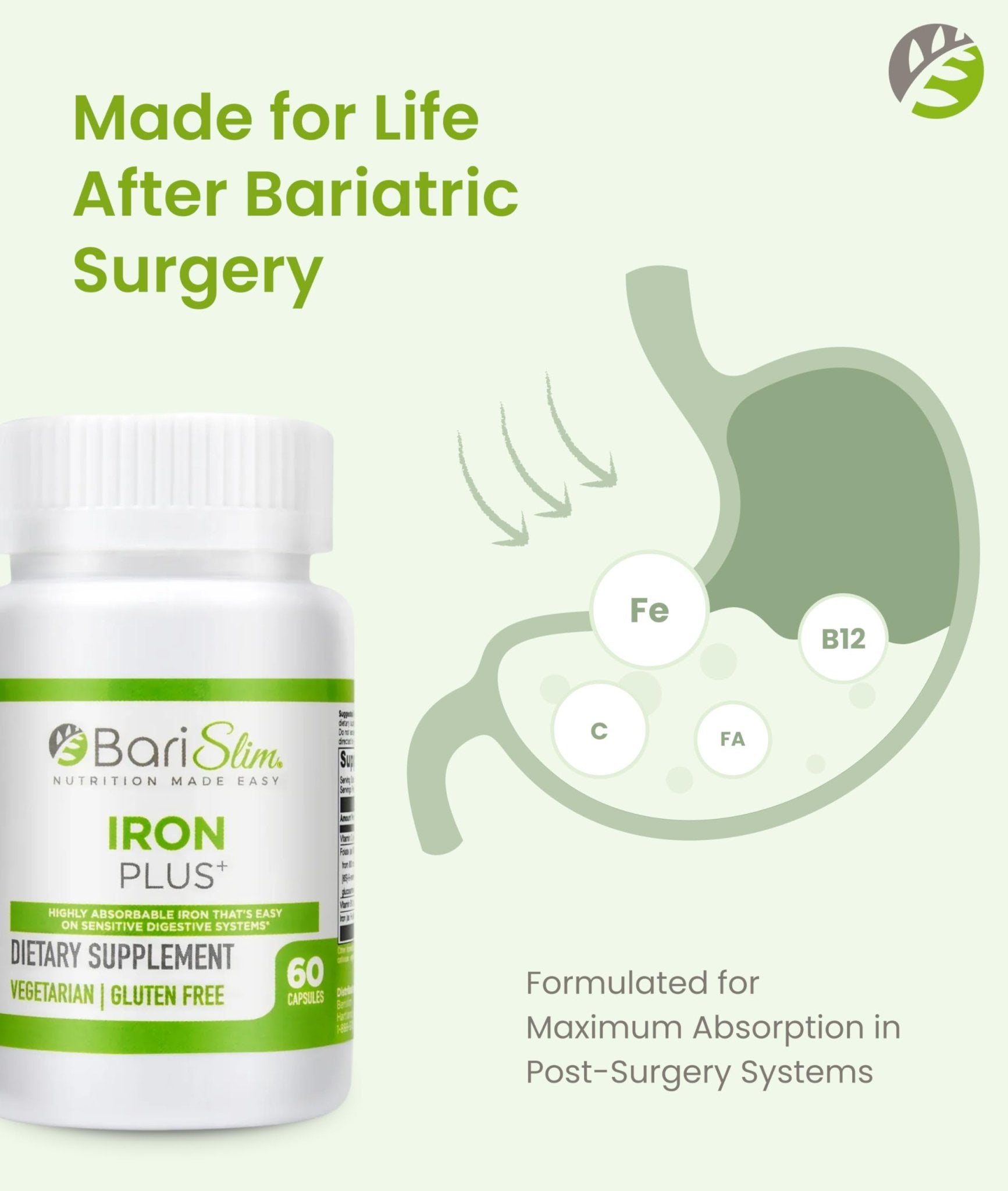 BariSlim Iron Plus Capsules - Formulated for Patients After Weight Loss Surgery Including Gastric Bypass & Gastric Sleeve – Easy Digestion & Comprehensive Health Support | 2 Month Supply (60 Servings) - Maple Wellness Supplements