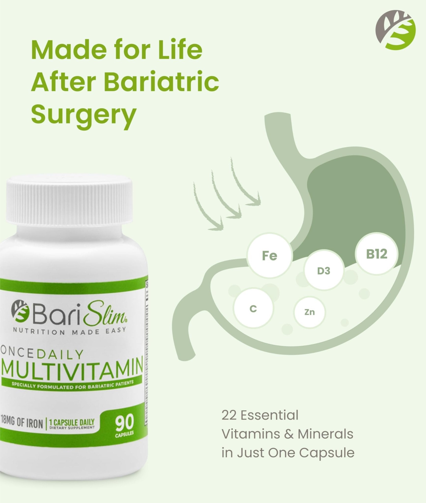 BariSlim Once Daily Bariatric Multivitamin Capsule - 18mg of Iron - Bariatric Vitamin & Supplement for Post Surgery Including Gastric Bypass & Gastric Sleeve | 90 Day Supply - Maple Wellness Supplements