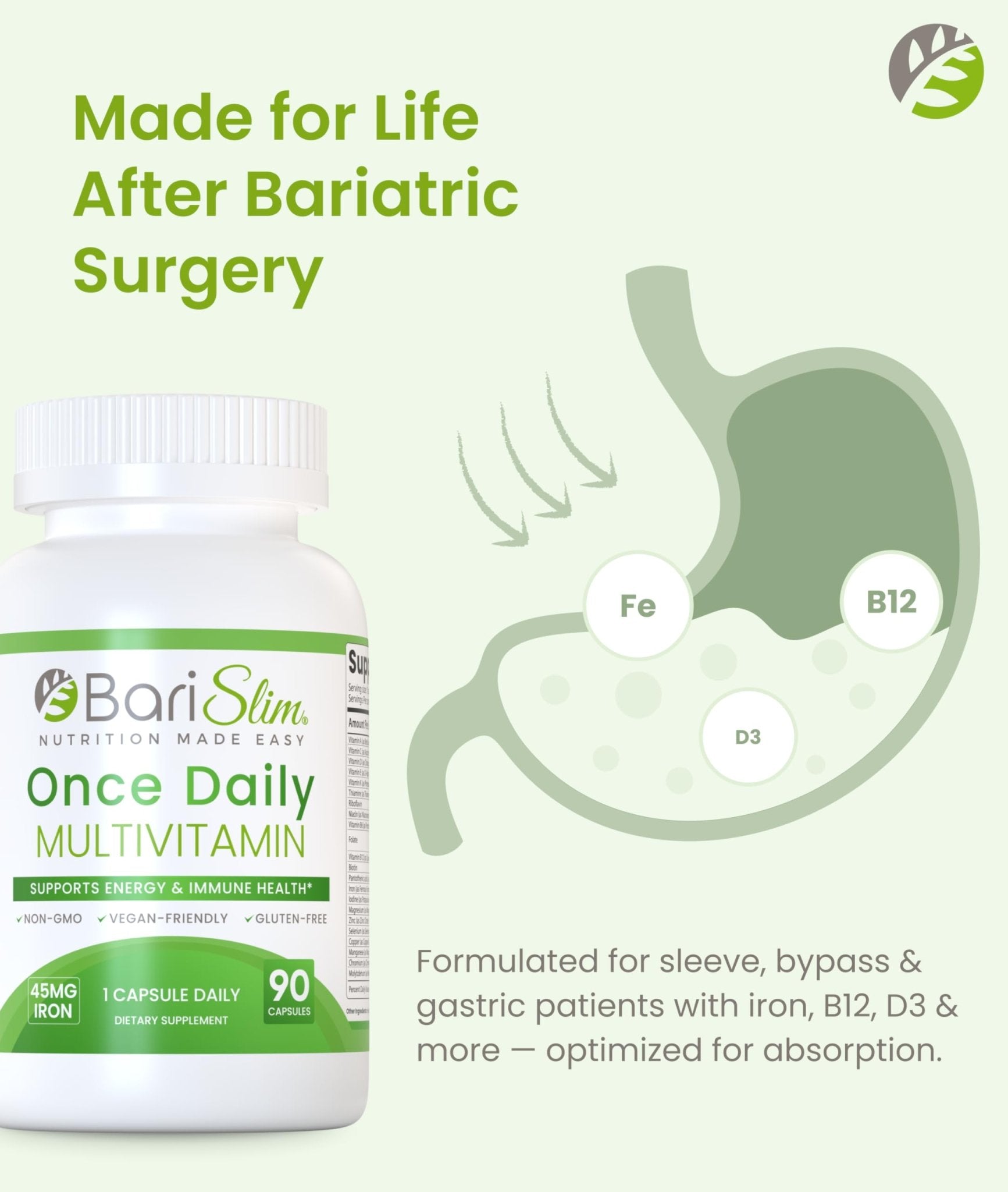 BariSlim Once Daily Bariatric Multivitamin Capsule - 45mg of Iron - Bariatric Vitamin & Supplement for Post Bariatric Surgery Including Gastric Bypass & Gastric Sleeve | 90 Day Supply - Maple Wellness Supplements