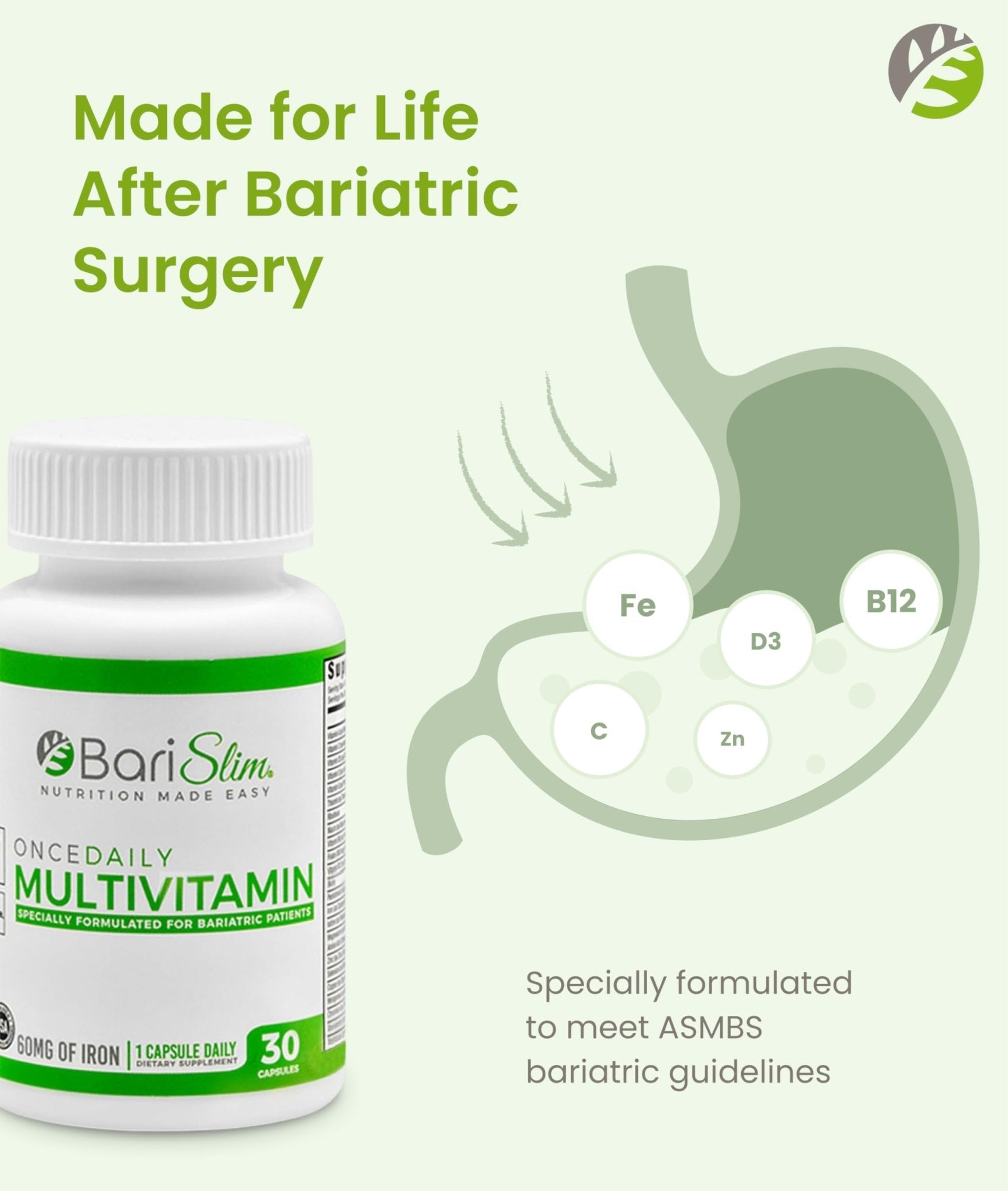 BariSlim Once Daily Bariatric Multivitamin Capsule - 60mg of Iron - Bariatric Vitamin & Supplement for Post Surgery Including Gastric Bypass & Gastric Sleeve | 30 Day Supply - Maple Wellness Supplements