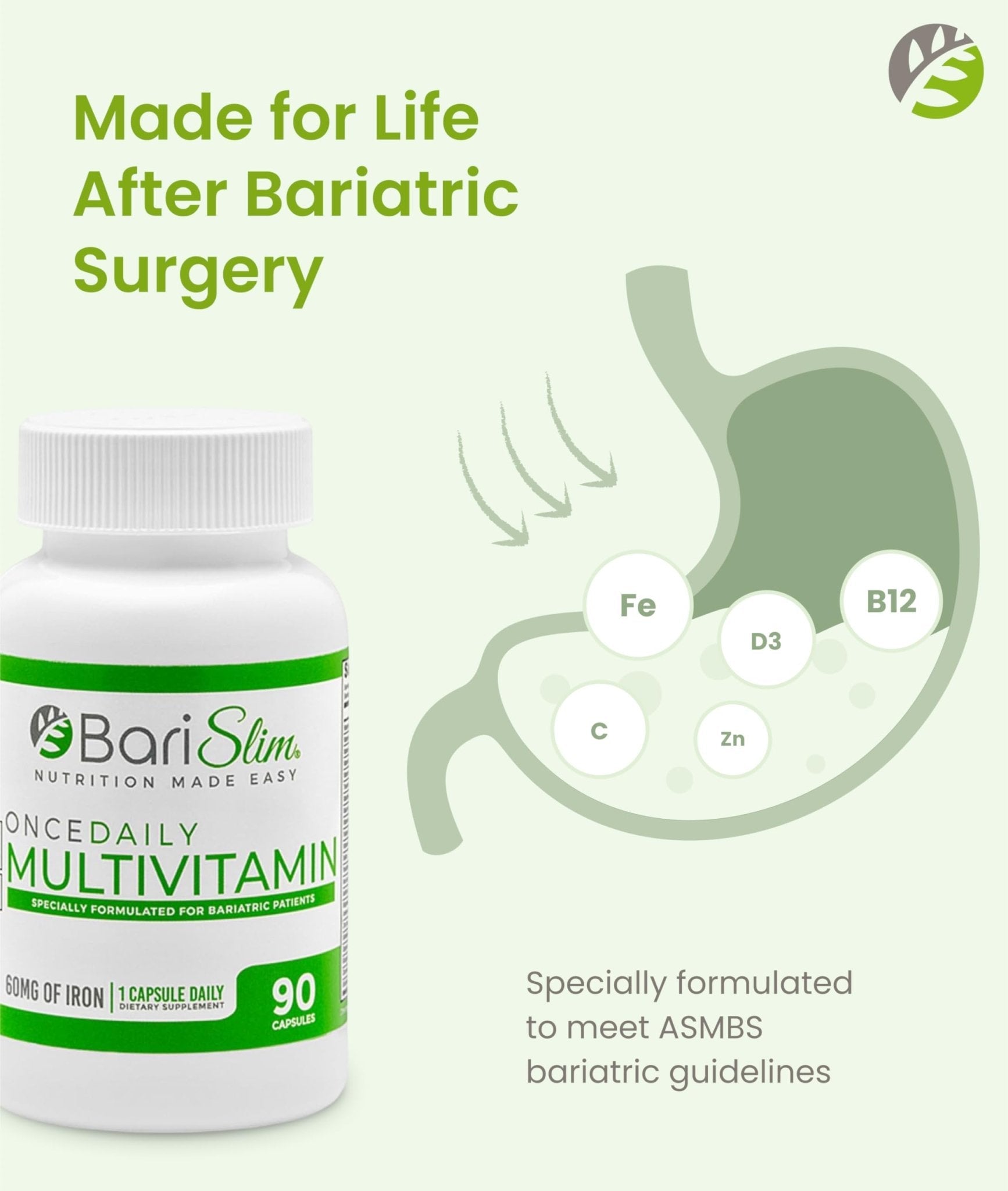 BariSlim Once Daily Bariatric Multivitamin Capsule - 60mg of Iron - Bariatric Vitamin & Supplement for Post WLS Surgery Including Gastric Bypass & Gastric Sleeve | 90 Day Supply - Maple Wellness Supplements