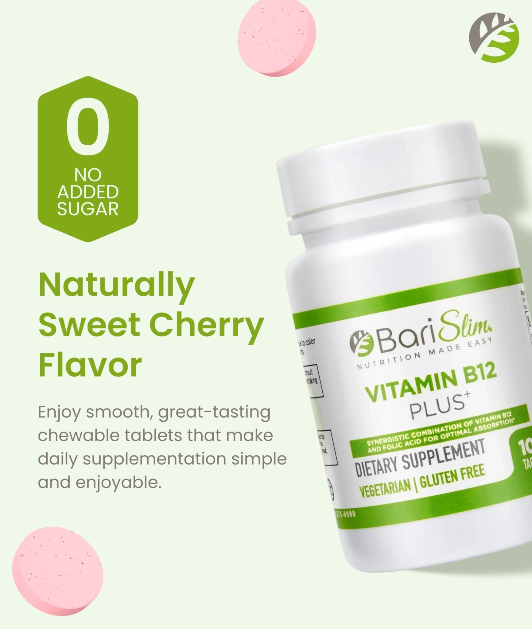 BariSlim Vitamin B12 Plus Tablets - Bariatric Formulated for Post Weight Loss Surgery, Including Gastric Bypass & Gastric Sleeve - Supports Energy Levels & Overall Health | Cherry Flavor - Maple Wellness Supplements