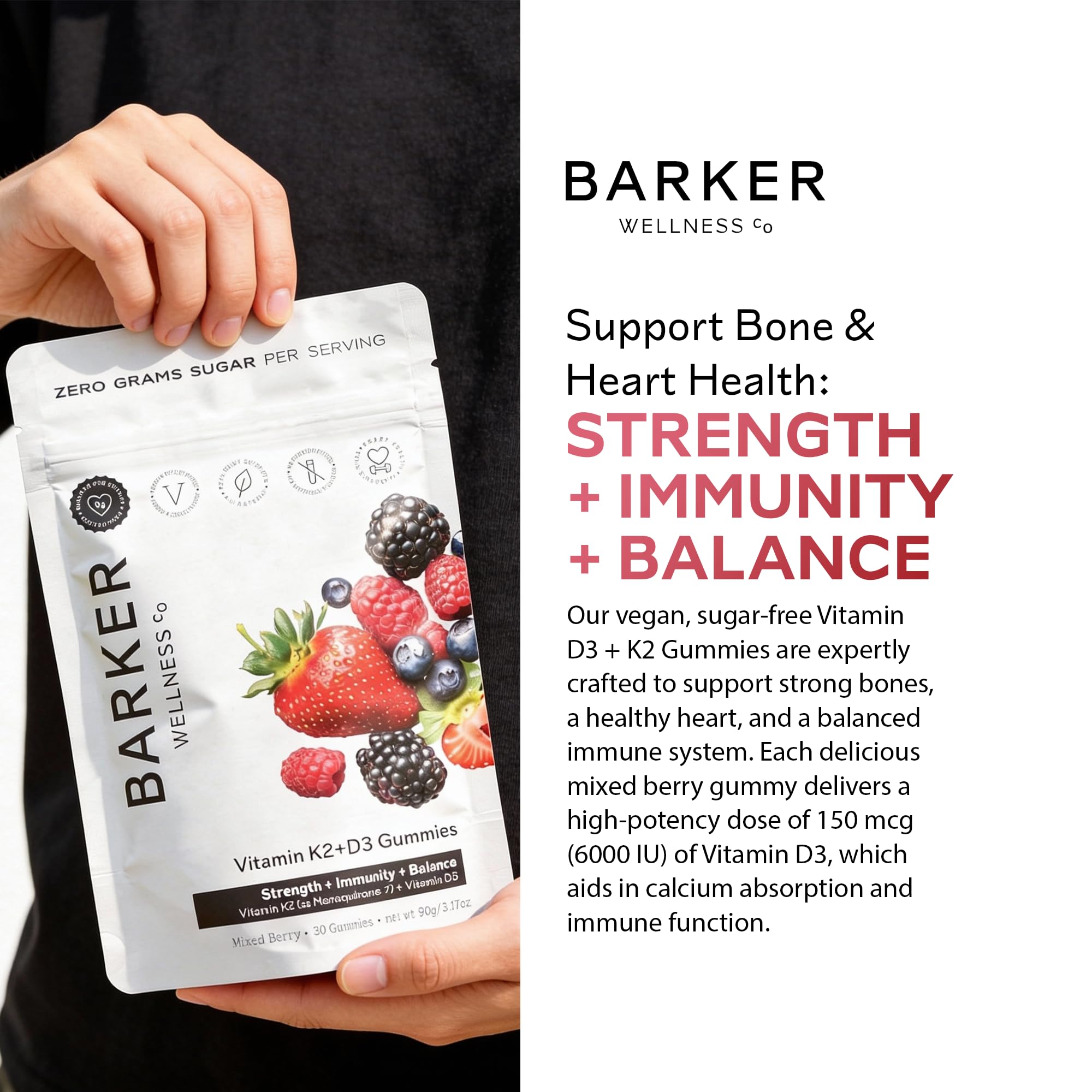 Barker Wellness D3 K2 Vitamin Gummies – Max Potency 6000IU D3 + 200mcg K2 for Strong Bones, Cardiovascular Wellness, Immune Support | Vegan, Sugar-Free, Delicious Mixed Berry | 30 Servings - TrustMedUSA