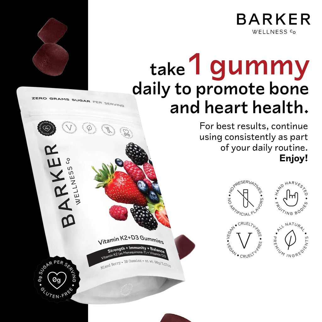 Barker Wellness D3 K2 Vitamin Gummies – Max Potency 6000IU D3 + 200mcg K2 for Strong Bones, Cardiovascular Wellness, Immune Support | Vegan, Sugar-Free, Delicious Mixed Berry | 30 Servings - TrustMedUSA