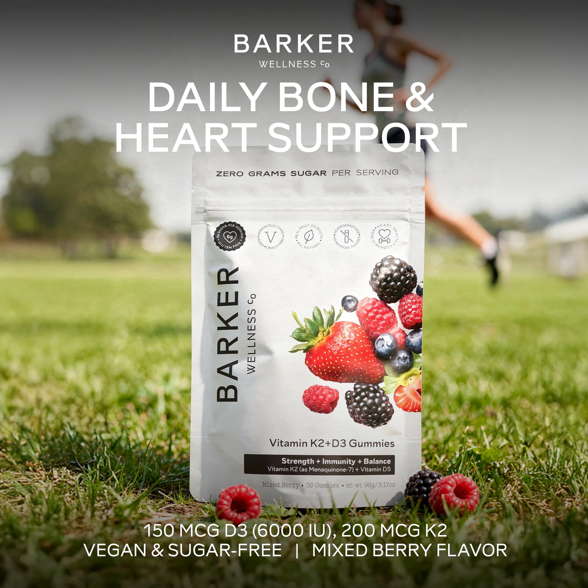 Barker Wellness D3 K2 Vitamin Gummies – Max Potency 6000IU D3 + 200mcg K2 for Strong Bones, Cardiovascular Wellness, Immune Support | Vegan, Sugar-Free, Delicious Mixed Berry | 30 Servings - TrustMedUSA