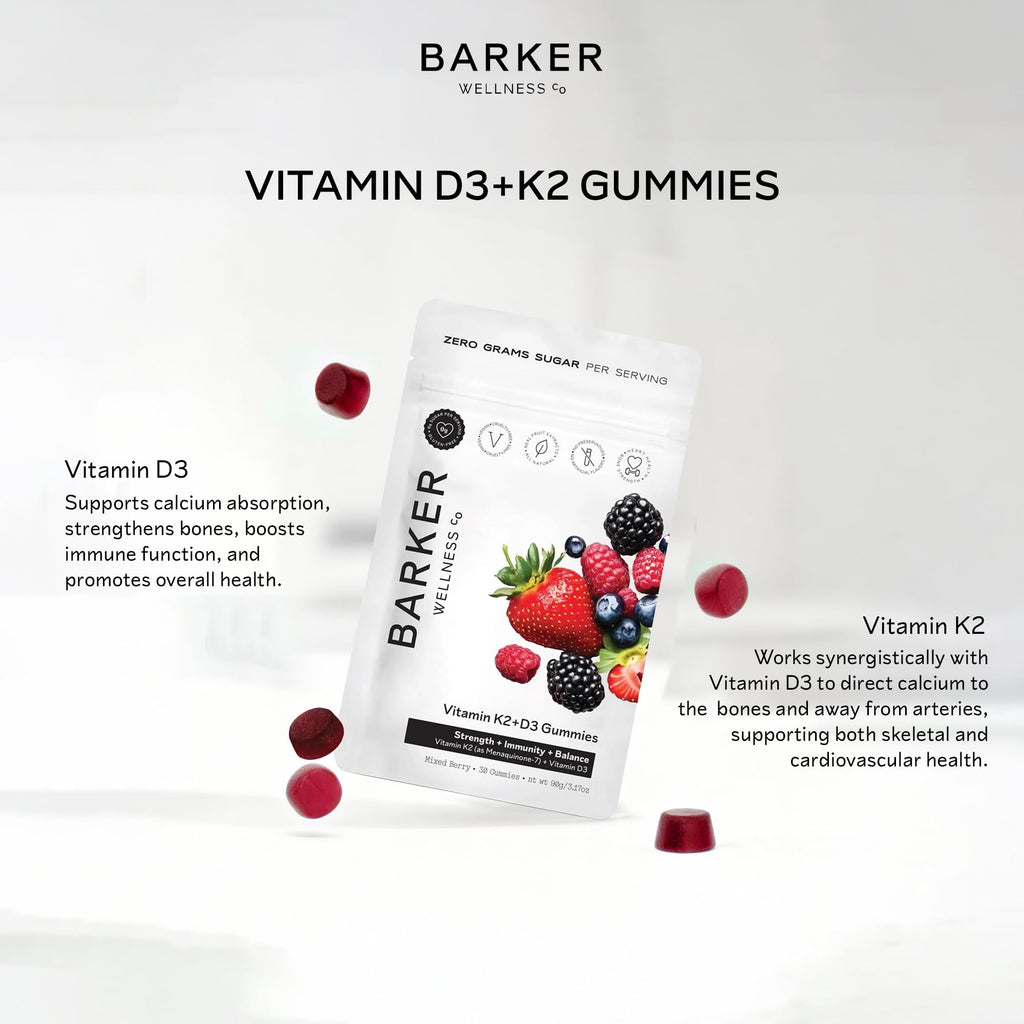 Barker Wellness D3 K2 Vitamin Gummies – Max Potency 6000IU D3 + 200mcg K2 for Strong Bones, Cardiovascular Wellness, Immune Support | Vegan, Sugar-Free, Delicious Mixed Berry | 30 Servings - TrustMedUSA