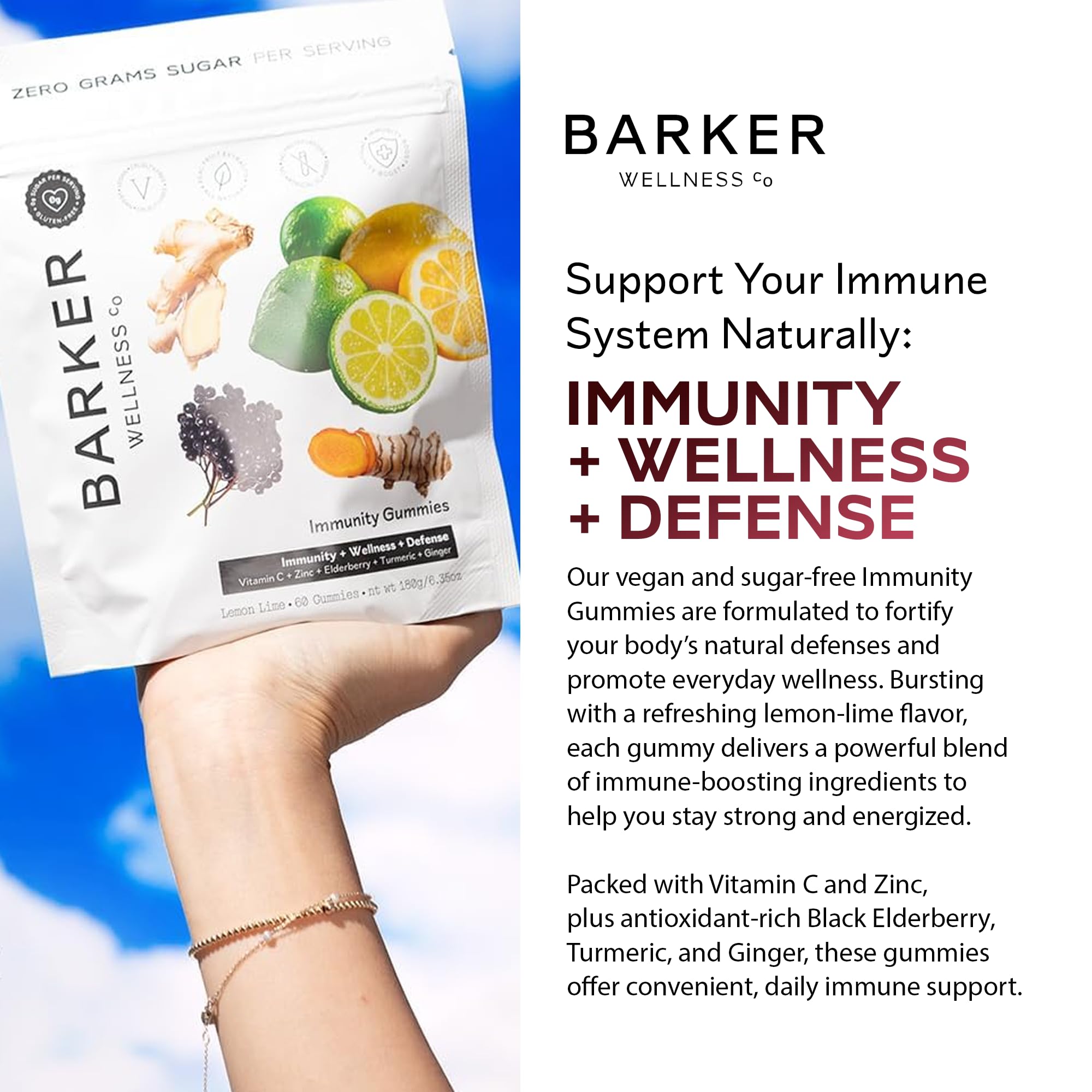Barker Wellness Immunity Gummies with Vitamin C, Zinc, Elderberry, Turmeric & Ginger for Daily Immune Support | Vegan, Sugar-Free, Lemon-Lime Flavor | Seasonal Wellness Essentials, 60 Count - TrustMedUSA