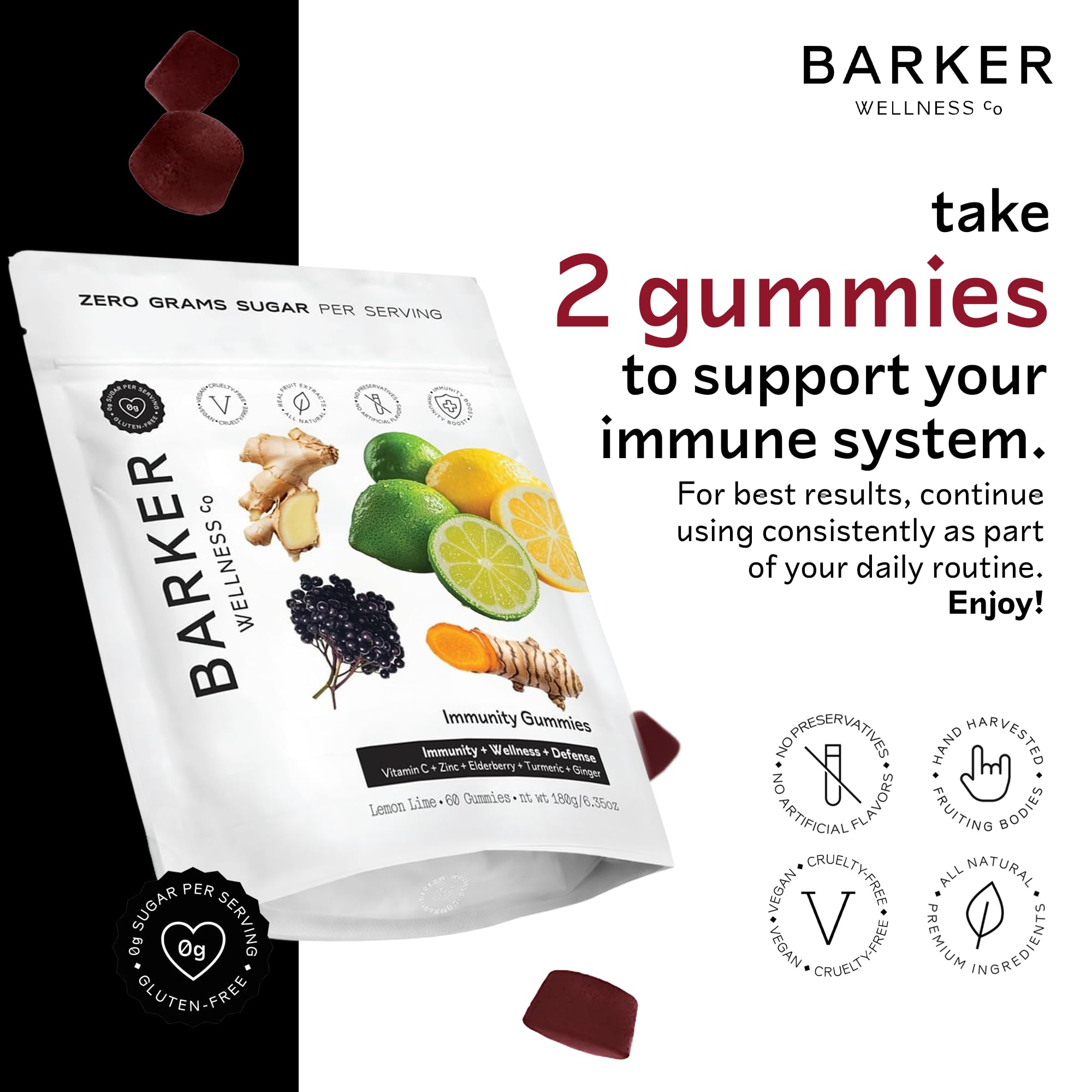 Barker Wellness Immunity Gummies with Vitamin C, Zinc, Elderberry, Turmeric & Ginger for Daily Immune Support | Vegan, Sugar-Free, Lemon-Lime Flavor | Seasonal Wellness Essentials, 60 Count - TrustMedUSA